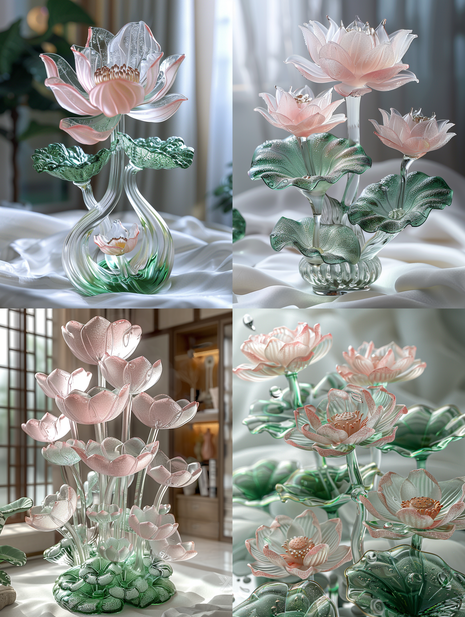 莲花形装置，玻璃材质，粉白渐变花瓣，淡绿白渐变荷叶，水晶纹理，堆叠抽象，清新氛围，白色透明织物背景，光反射，冷冻冰晶风格，超现实装置，幻想艺术，家居装饰，宁静优雅，精致细节。