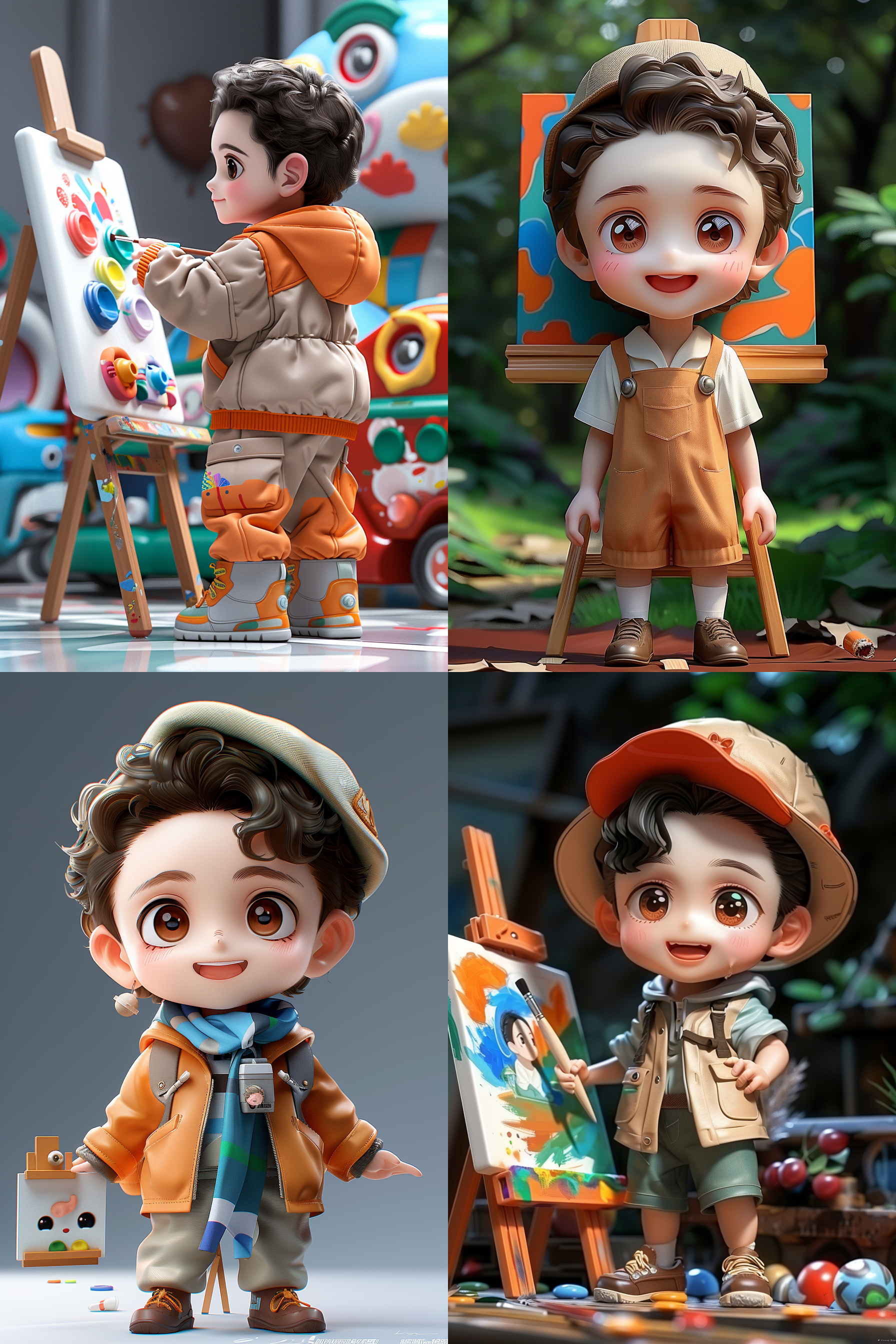 白色背景，泡泡玛特风格，ip，潮玩，模型，画架前画画的小男孩，3d，单人，超可爱小男孩，开心的画画，全景，光泽材质，干净背景，最佳画质，c4d，blender，8k，16k，超清晰细节 模型摄影，明亮色彩，细节丰富，数字艺术，灯光效果，