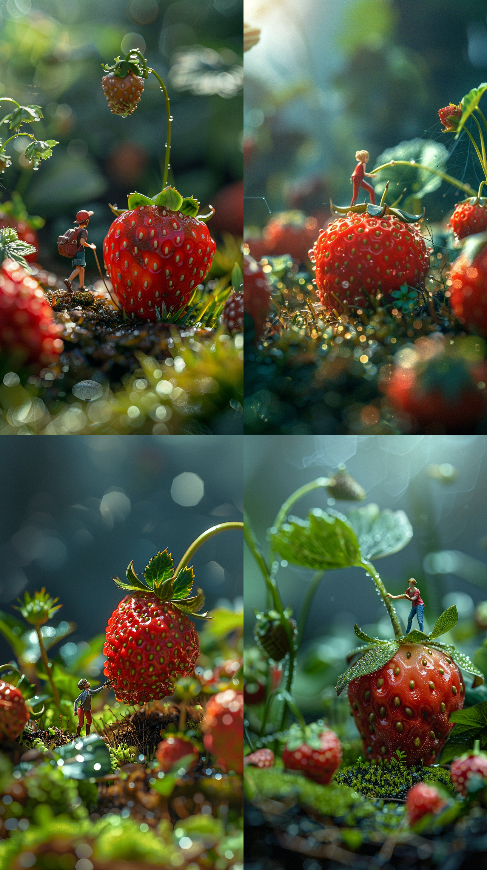 miniature, surreal fashion photography style, miniature statue in strawberry, there is a large main strawberry in the middle of the picture, there are several small strawberries around, someone is fertilizing the strawberry, pulling grass, there is dew on the strawberry, very fresh, innovative page design, detailed character illustration, lighting background, unreal engine