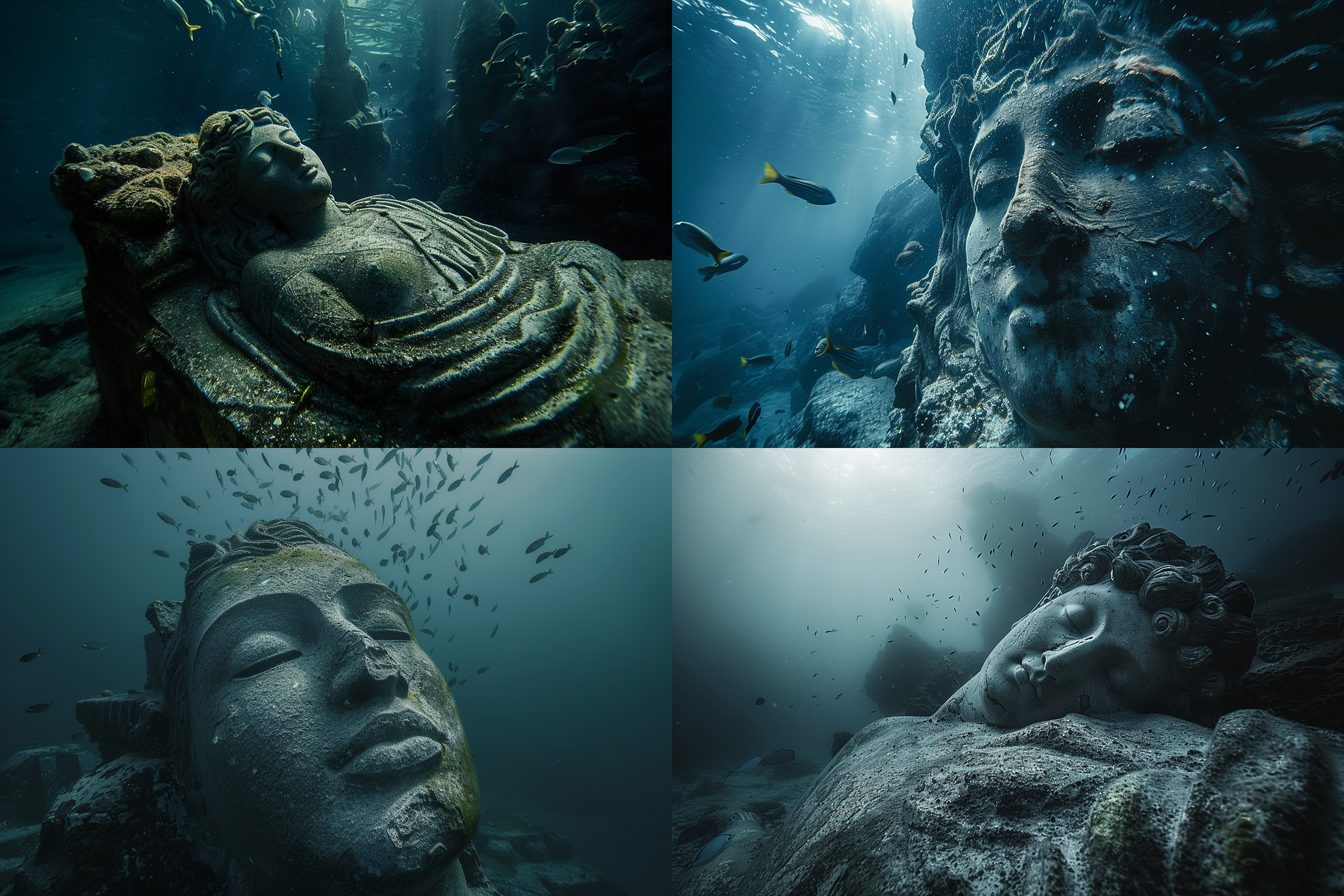 海底神像沉睡，神秘力量，深海环境，昏暗光线，鱼群环绕，长曝光，广角镜头，冷色调，静谧氛围，细节丰富，古老雕像，神秘感。