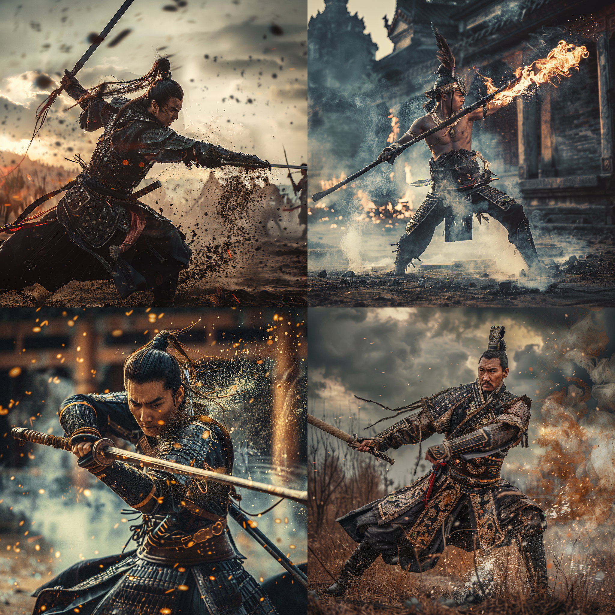 枪出如龙，动态捕捉，长枪舞动，战士英姿，战场背景，冷色调，长焦镜头，逆光，高速快门，专注，威严。