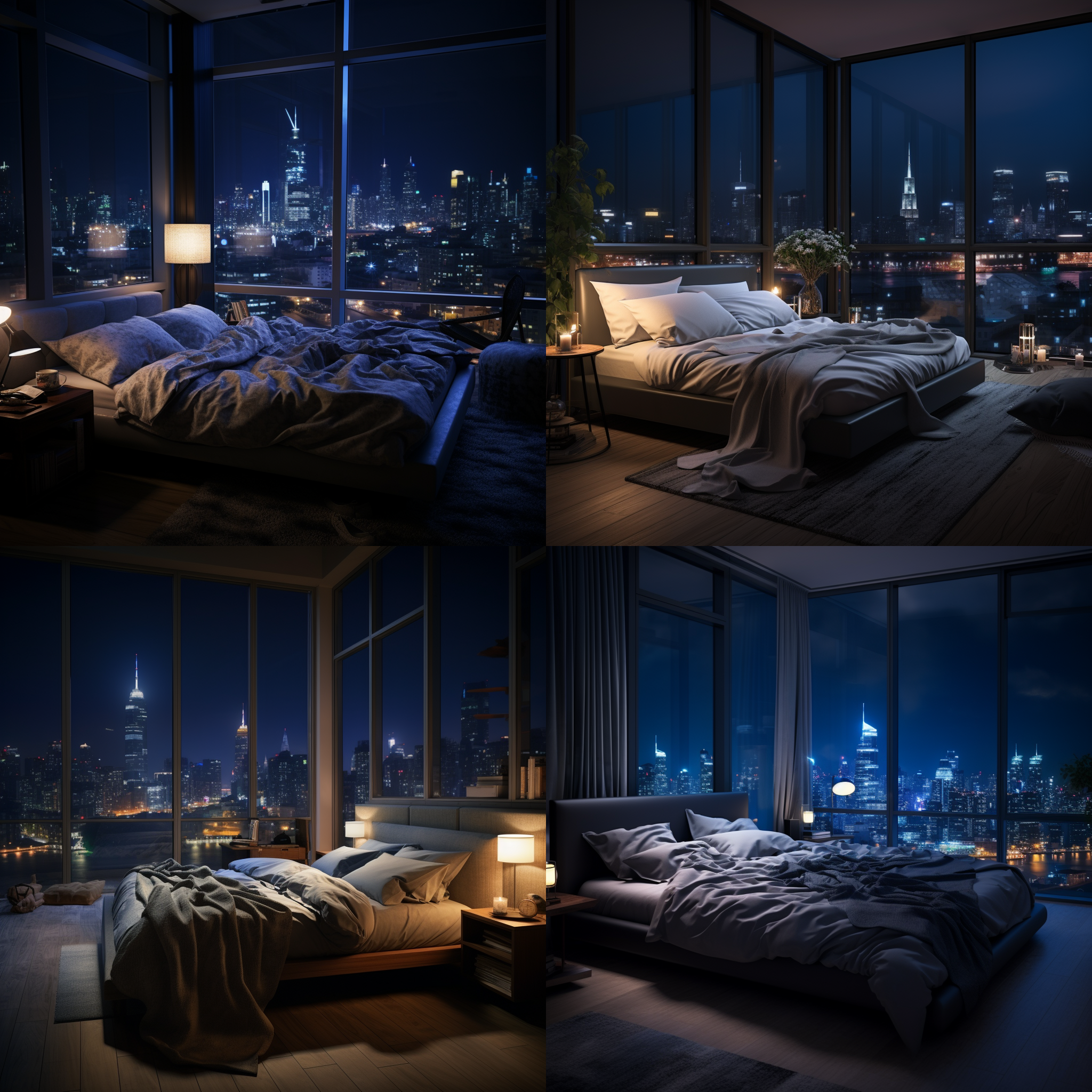 卧室夜景，床靠窗，大玻璃窗映出都市灯火，床头灯柔和，静谧氛围，现代风格，温馨舒适，长曝光，夜景模式，低光环境，室内暖光，窗外冷光对比，宽视角，夜景摄影。