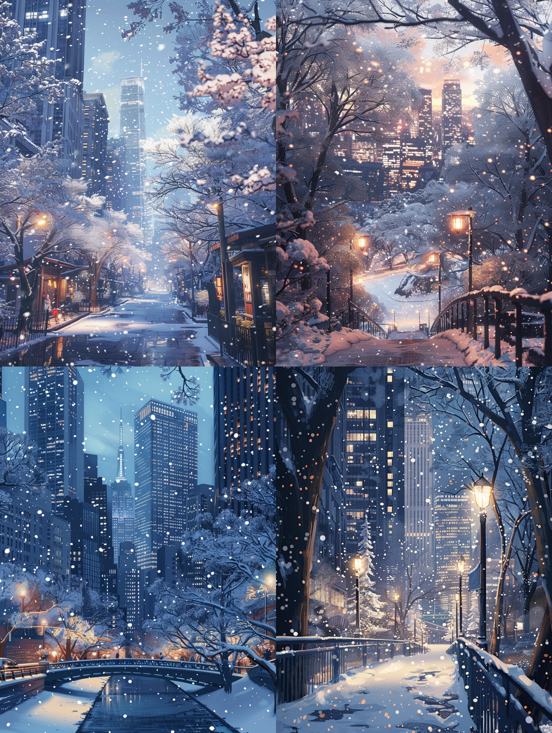 " 傍晚，城市高楼林立，，有光穿过，洒在雪后的树上，树上的枝条上堆积着厚厚的白雪，像是一串串珍珠，闪耀着迷人的光芒。微风吹过，树枝轻轻摇曳，雪花纷纷扬扬地飘落下来，如同天女散花般美丽。古老的城市建筑、青石板路、小桥流水，都被白雪覆盖，仿佛时间凝固，只留下一片宁静与美好。雪花静静地落在屋顶、桥梁和河岸边，将城市装点成了一幅宁静而美丽的水墨画。在这美丽的冰雪世界里，树木与城市楼房相互映衬，构成了一幅独特的冬日美景。这个冬天，因为树的雪，因为城市的美，变得格外难忘。它让人们感受到了大自然的神奇