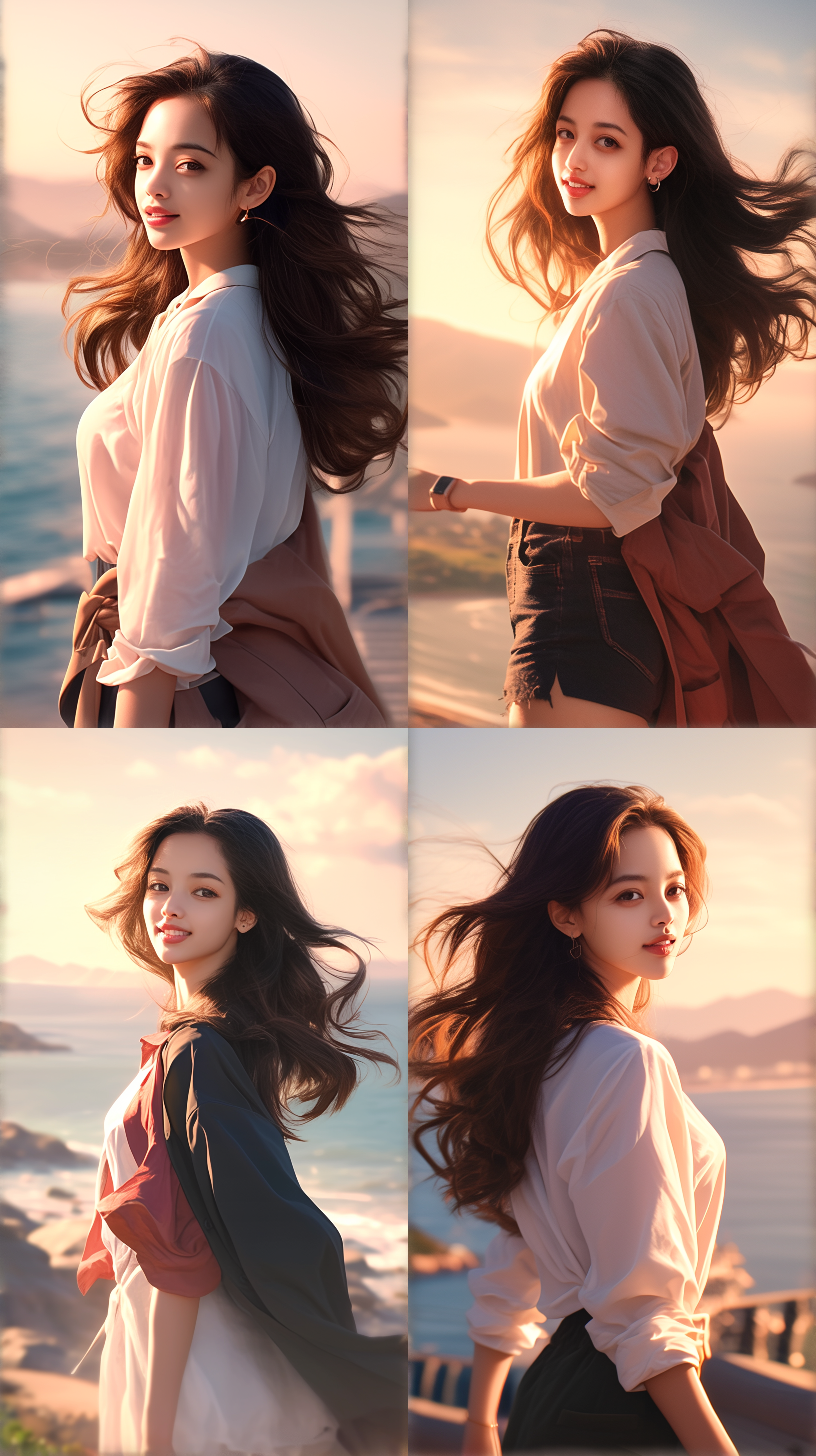 漂亮女孩，长发飘逸，海边，逆光剪影，长曝光，日落时分，沙滩，广角镜头，柔和光线，微笑，宁静。