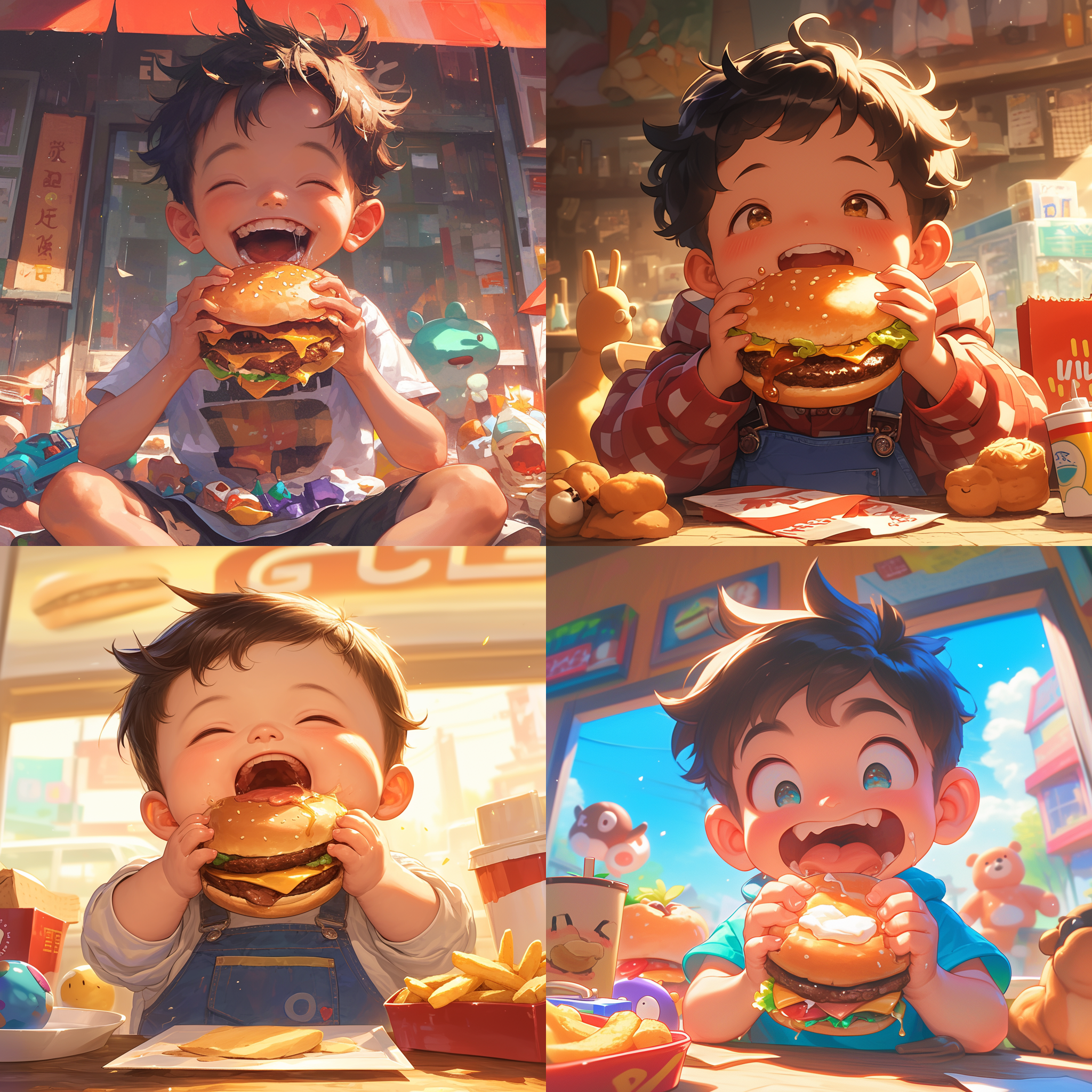 中国小男孩吃汉堡，正面特写，明亮色彩，汉堡店背景，满足表情，口水流出，玩具在旁，自然光，快门速度适中，温馨氛围，高饱和度，喜悦情绪。