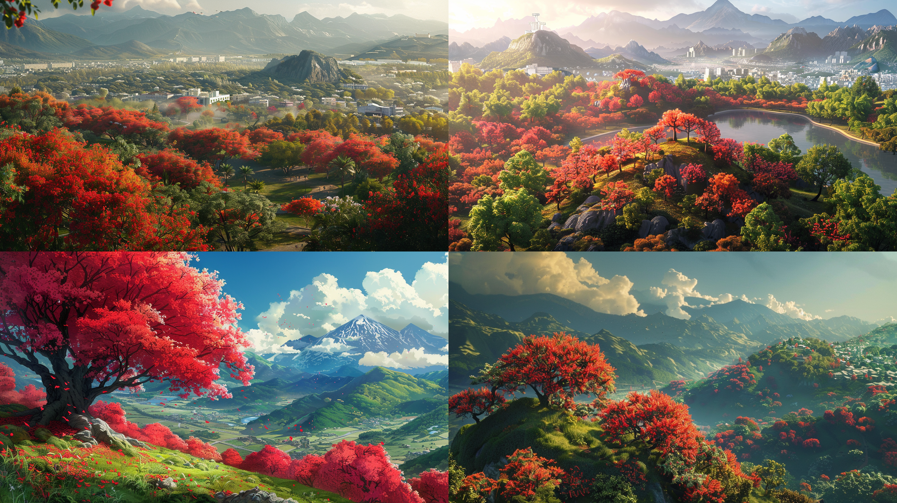 城市公园旁小山坡，航拍广角，16:9电影感，漫画风格，吉卜力，远景，凤凰木盛开，红色凤凰花漫山遍野，绿色点缀，鲜艳对比，自然光线，宁静氛围，色彩饱和，细节丰富。