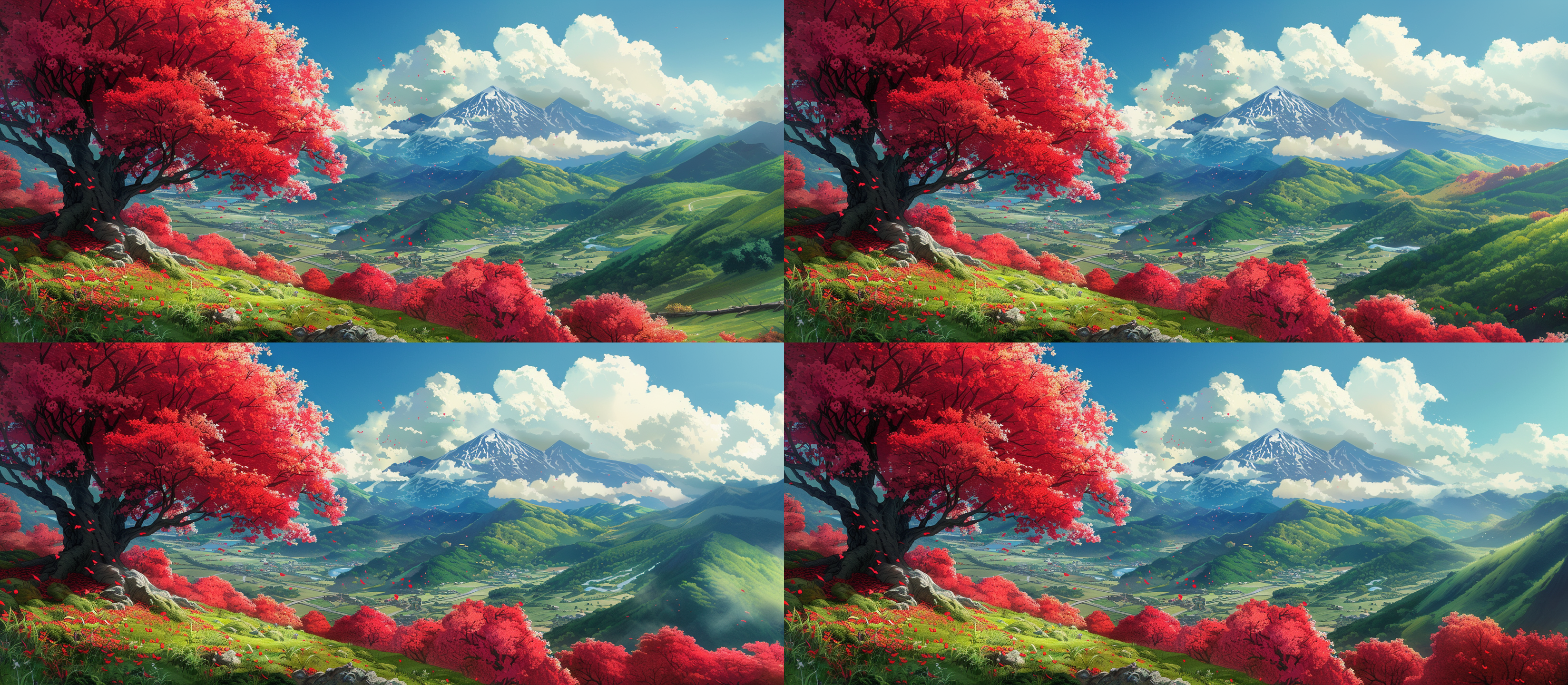 城市公园旁小山坡，航拍广角，16:9电影感，漫画风格，吉卜力，远景，凤凰木盛开，红色凤凰花漫山遍野，绿色点缀，鲜艳对比，自然光线，宁静氛围，色彩饱和，细节丰富。