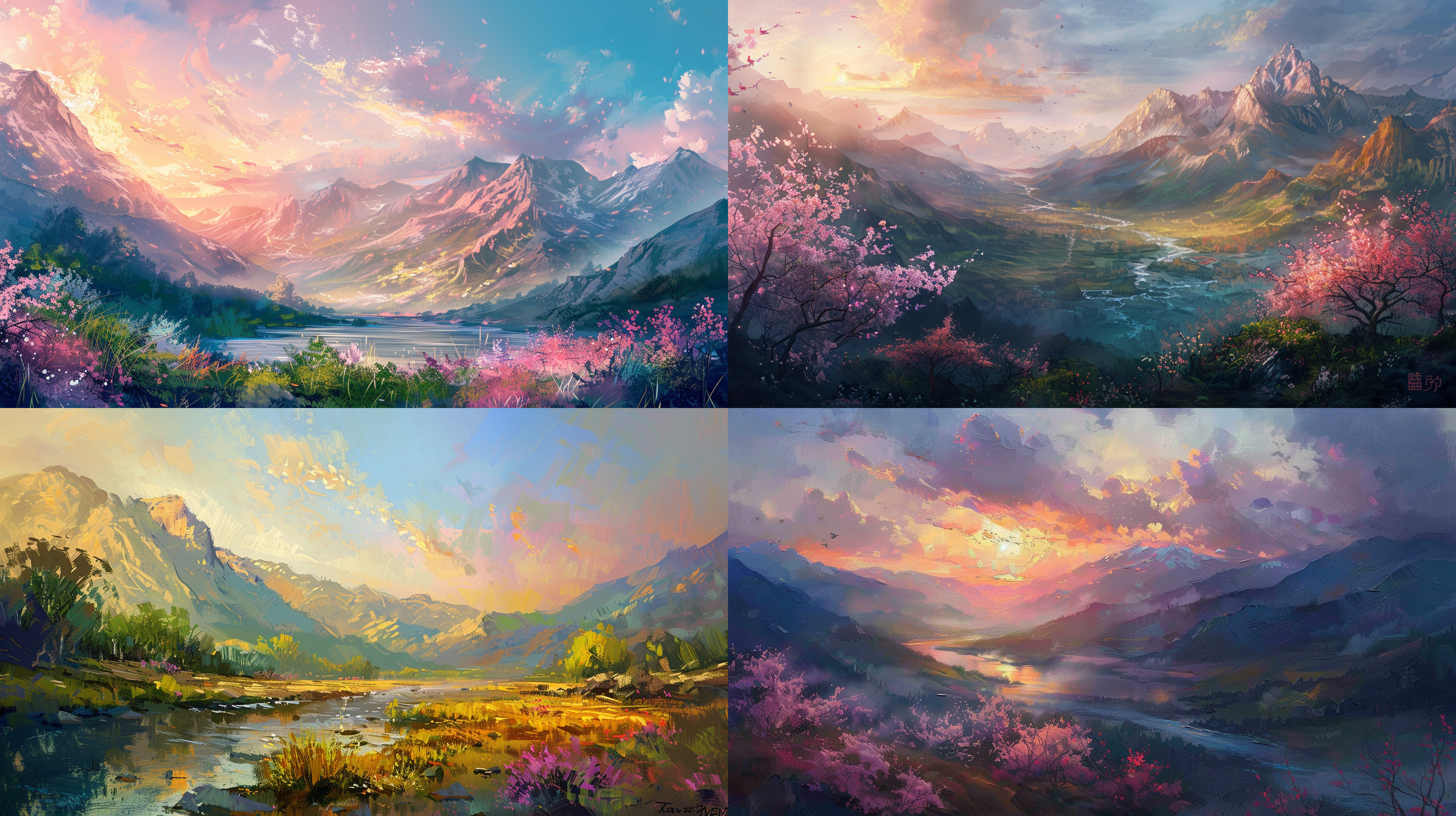 印象派风格油画山水风景，真实明亮的色调，低纯度色调，大量笔触，平稳构图，9:16画幅，开花的植物，日落光影，1080×1920像素，自然光，柔和阴影，细腻纹理，温暖色彩，宁静氛围。