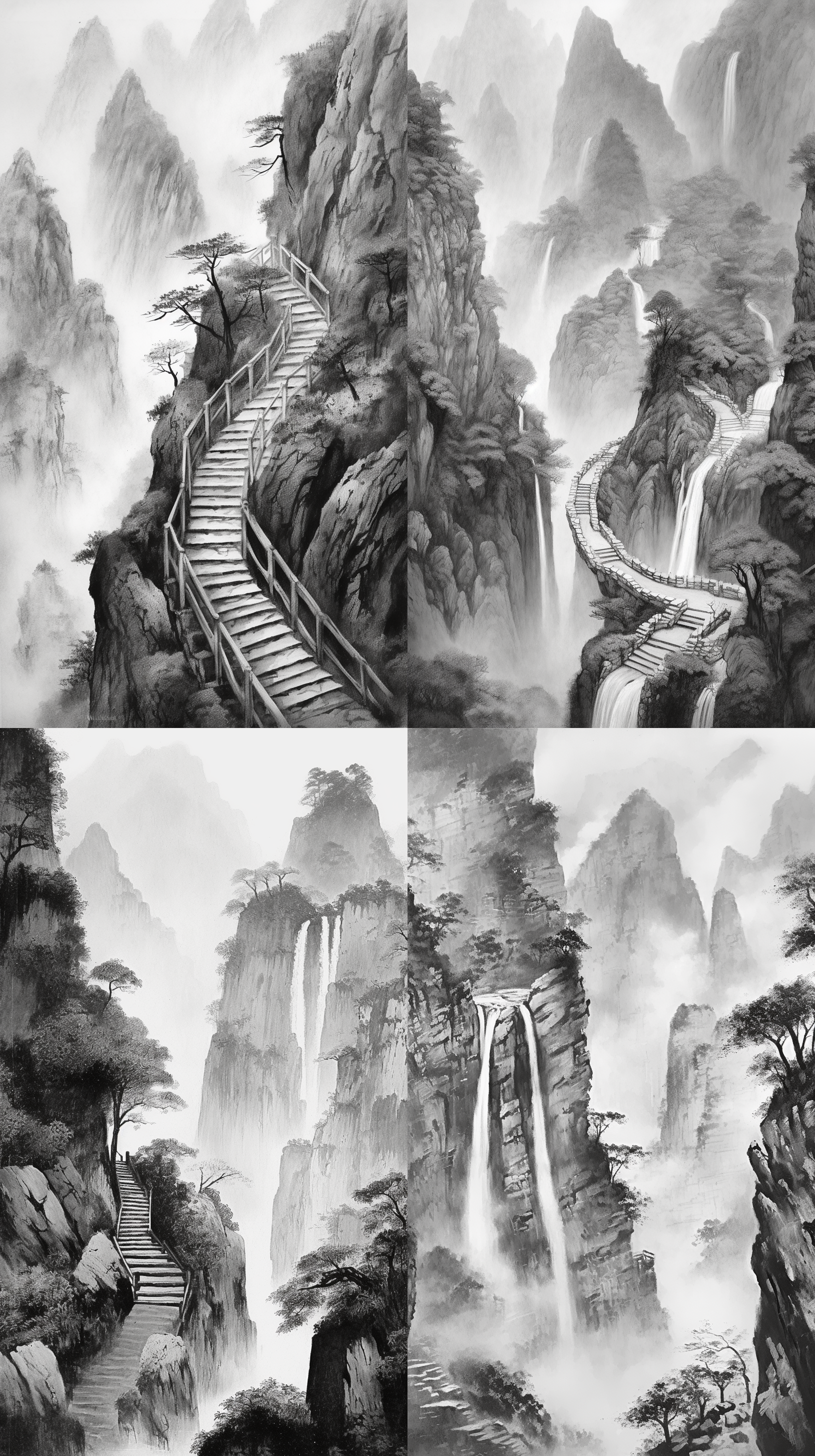 丛山峻岭，云雾缭绕，瀑布飞流直下，蜿蜒小路，石阶，中国水墨画风格，娟本纸，黑白灰色调，层次丰富，高画质，背景留白，细节丰富，静谧氛围，细致描绘，古朴美，长焦镜头，侧光，慢快门，水墨渲染，自然光。