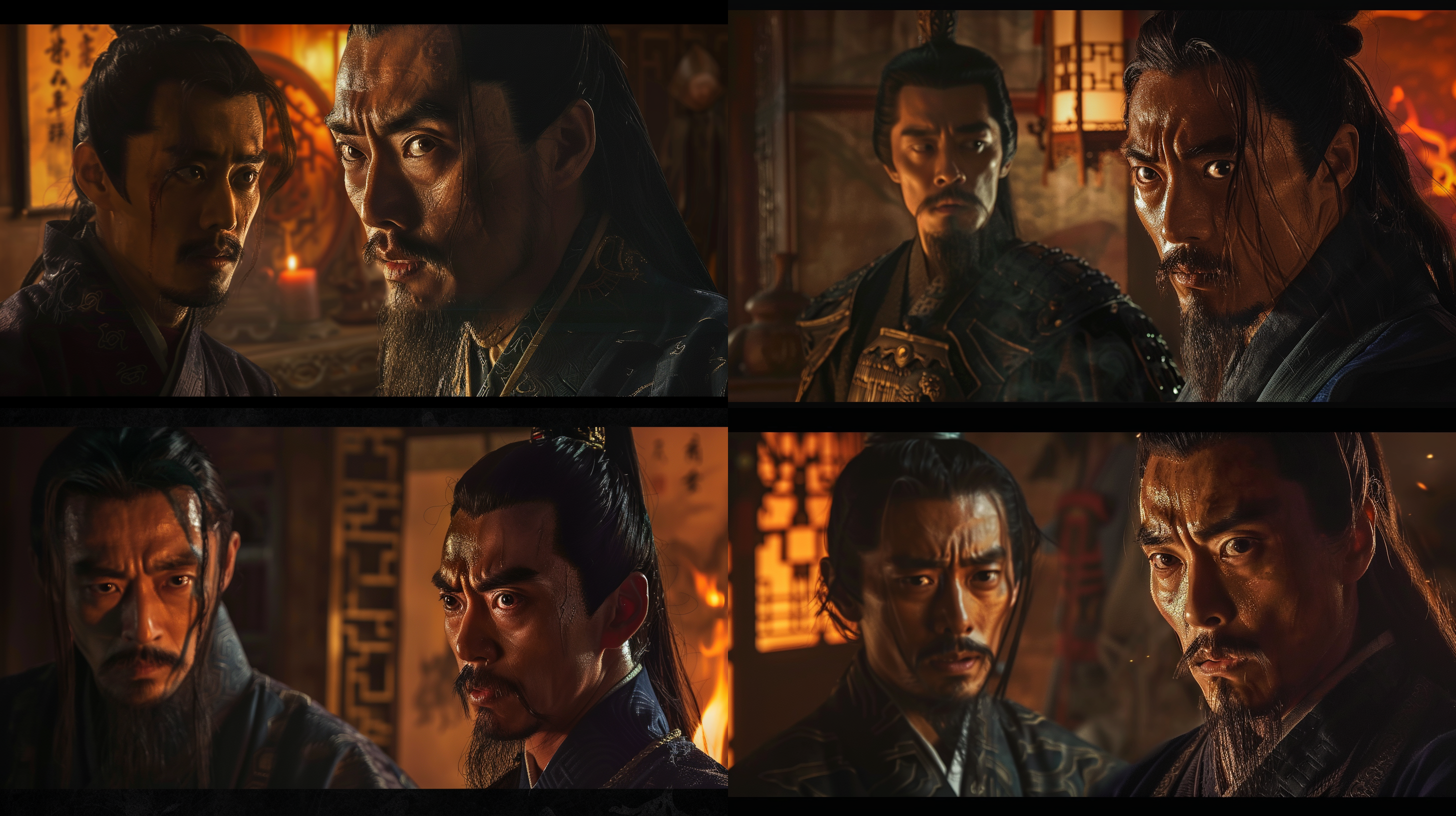 昏暗室内，烛光摇曳，荆轲与樊将军面庞映照，荆轲眼神炽烈，语气急迫，樊将军眉头紧锁，表情复杂。室内紧张氛围，荆轲激情陈述，手势强烈。油画风格，细腻光影，暗色调，历史题材，戏剧性构图，情感张力。