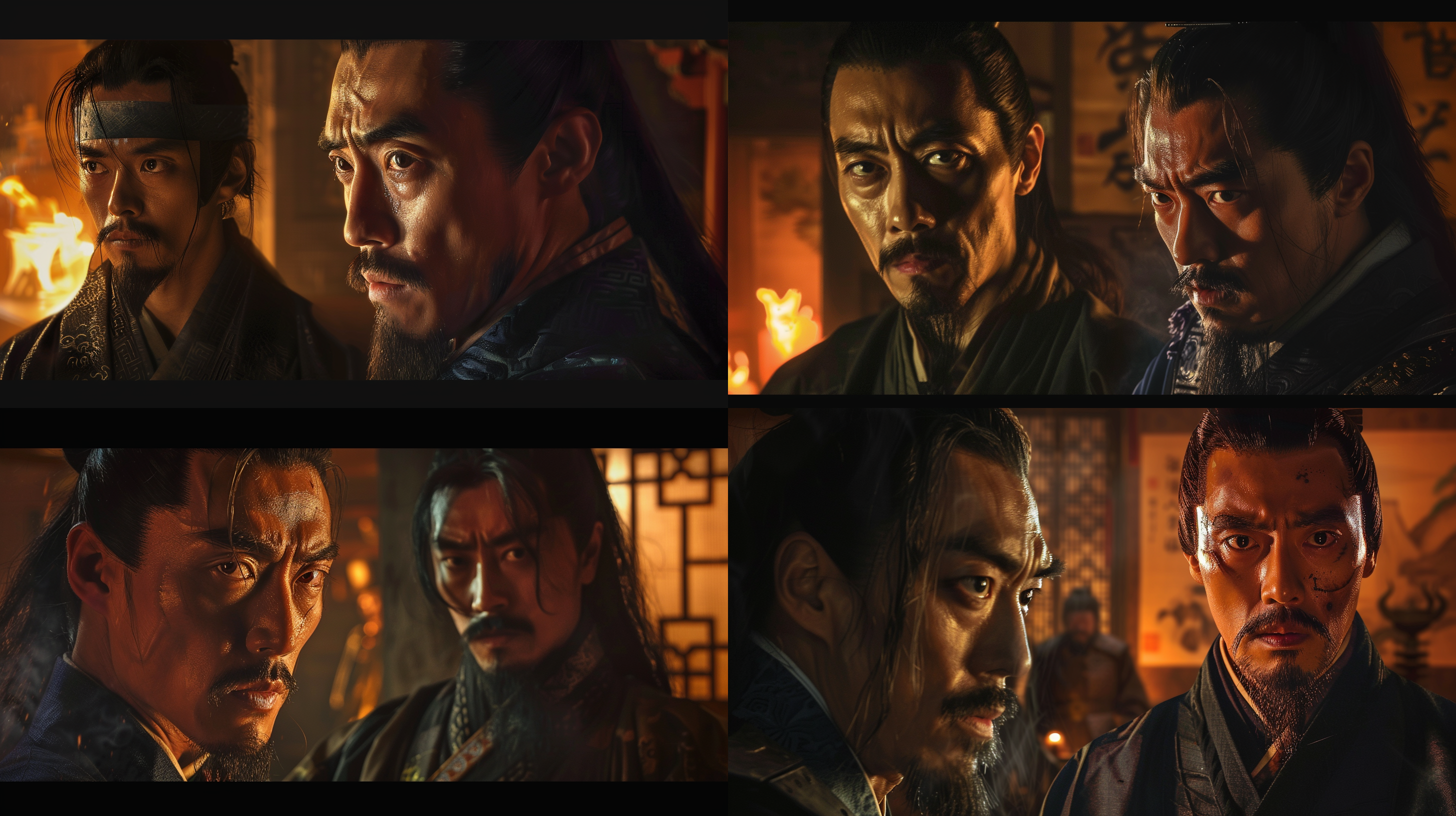 昏暗室内，烛光摇曳，映出荆轲与樊将军身影，荆轲目光炯炯，语气急切；樊将军眉头紧锁，表情复杂。气氛紧张，荆轲激情陈词，手势有力。油画风格，光影细腻，色调沉郁，历史题材，构图戏剧化，情感张力强。昏暗,烛光,荆轲,樊将军,紧张,激情,油画,光影细腻,沉郁色调,历史,戏剧化构图,情感张力。