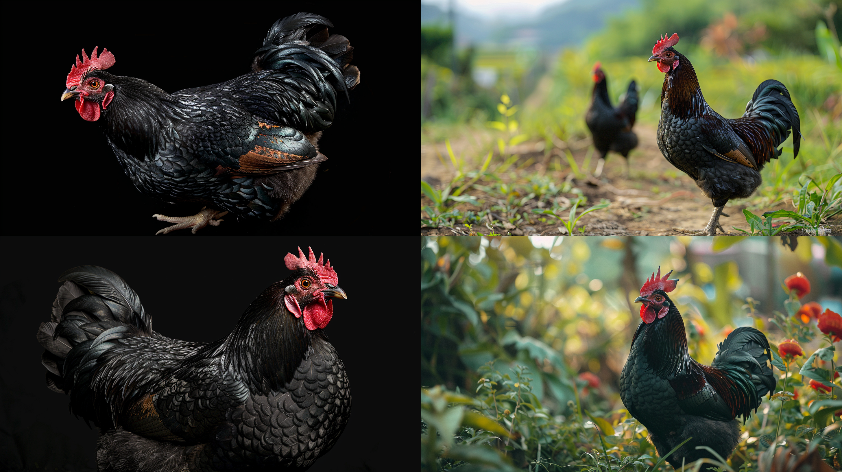 中国乌鸡，农村散养，自然环境，生态，明亮，动态，多视角，写实，真实质感 ，纹理清晰，画面干净，徕卡专业动物摄影，8k超高清画质，色彩饱和，背景简约，去除噪点
