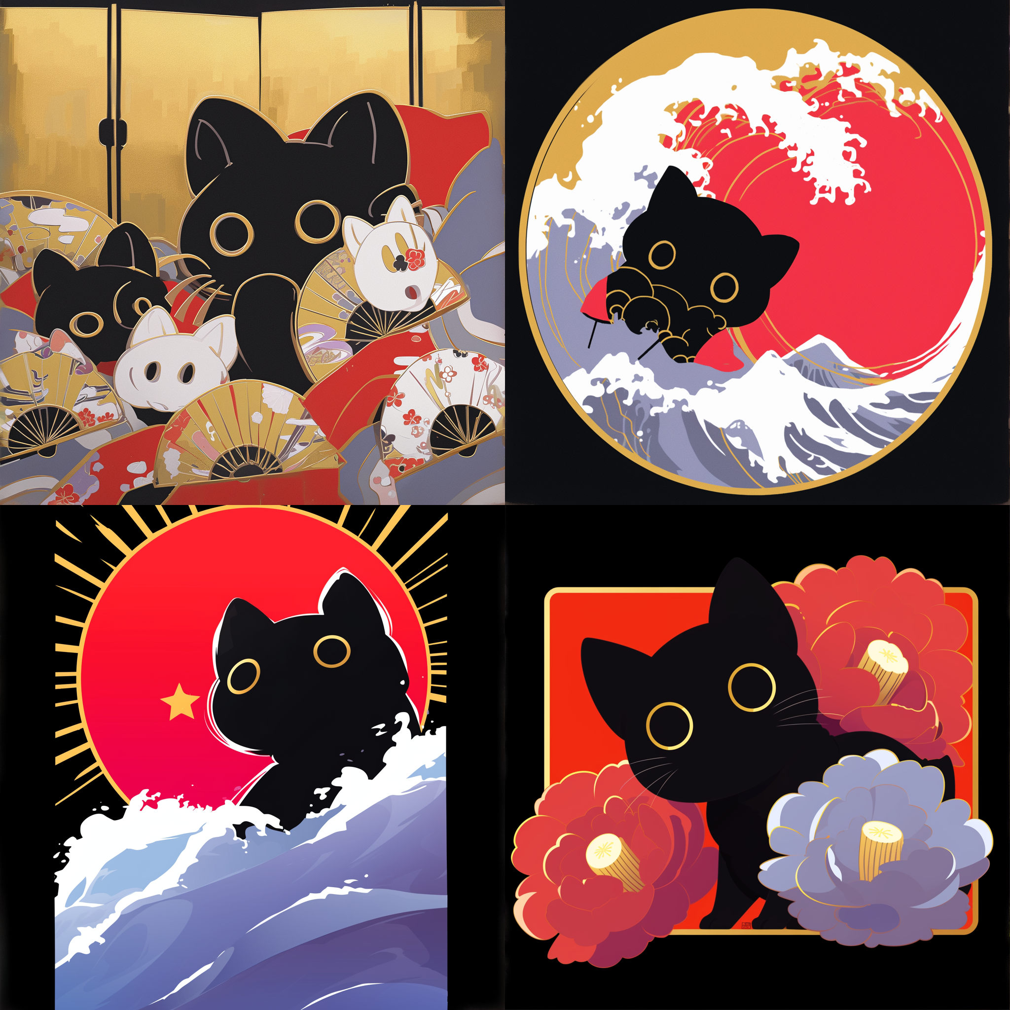 poster artwork, ornate background, 2019, sumptuous, artist katsushika hokusai, stylised, juxtapoz aesthetic, enigmatic beauty, vector aesthetics, defence, hanging scroll, highly detailed beautiful, artstatiom, purism, portrait of beautiful cat，神态探头窥探，黑猫,黑猫焦点，探头窥视镜头,只有一只猫