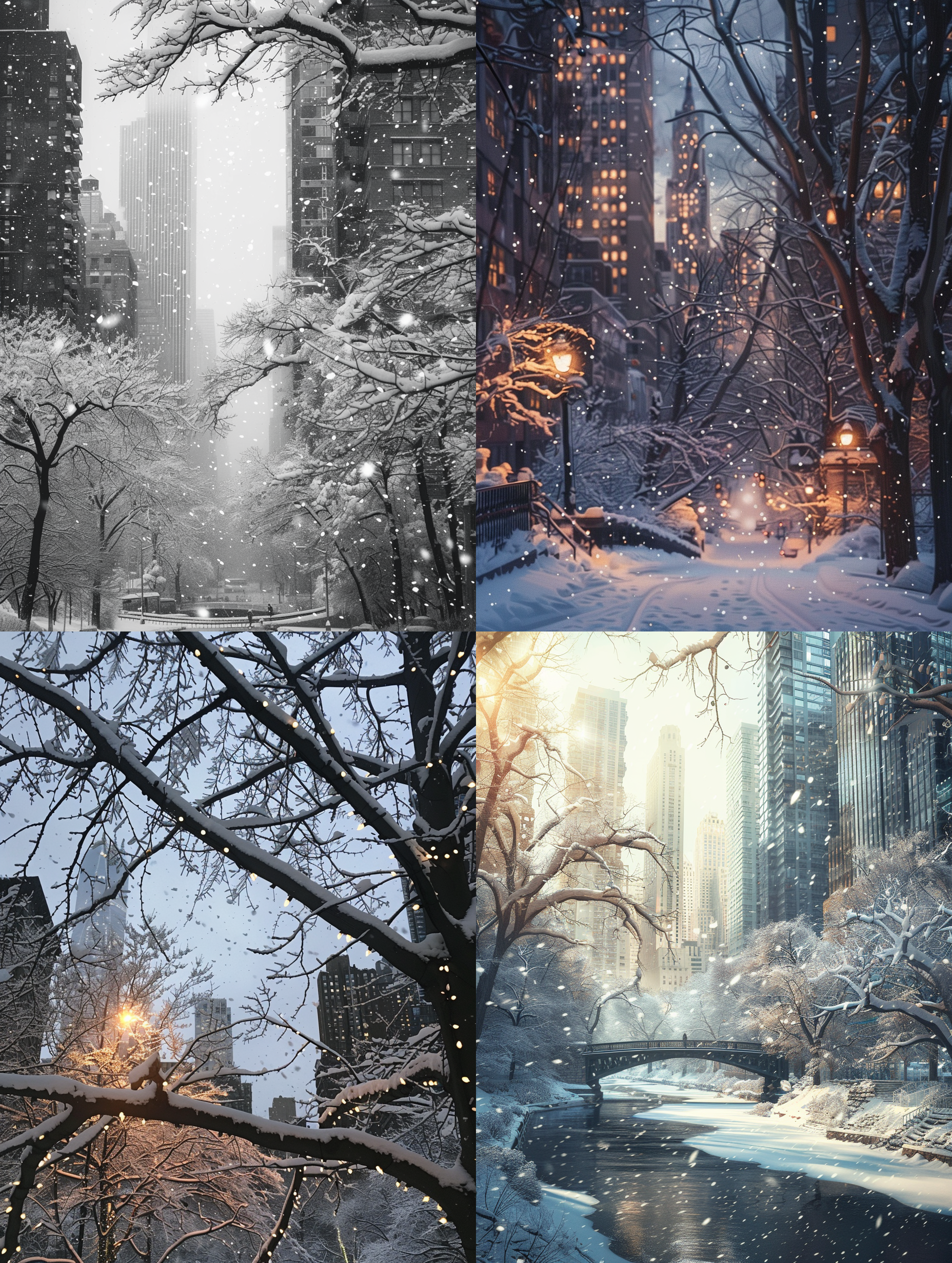 " 傍晚，城市高楼林立，，有光穿过，洒在雪后的树上，树上的枝条上堆积着厚厚的白雪，像是一串串珍珠，闪耀着迷人的光芒。微风吹过，树枝轻轻摇曳，雪花纷纷扬扬地飘落下来，如同天女散花般美丽。古老的城市建筑、青石板路、小桥流水，都被白雪覆盖，仿佛时间凝固，只留下一片宁静与美好。雪花静静地落在屋顶、桥梁和河岸边，将城市装点成了一幅宁静而美丽的水墨画。在这美丽的冰雪世界里，树木与城市楼房相互映衬，构成了一幅独特的冬日美景。这个冬天，因为树的雪，因为城市的美，变得格外难忘。它让人们感受到了大自然的神奇