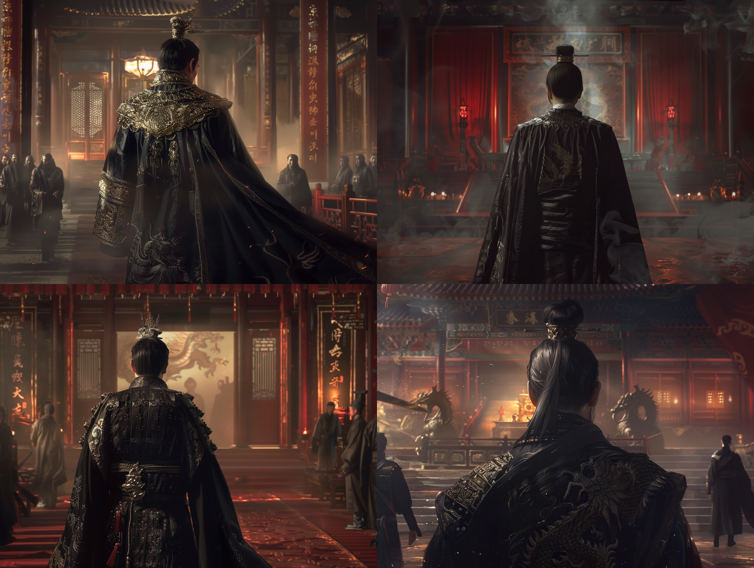 荆轲背影，宫殿辉煌，群臣肃立，光影交错，金碧辉煌，秦王宝座，龙椅象征，气氛凝重，孤独前行，坚毅决绝，黑衣如夜，披风轻扬，历史使命，沉稳步伐，历史尘埃，高清细节，艺术化风格，历史感，长焦镜头，广角镜头。