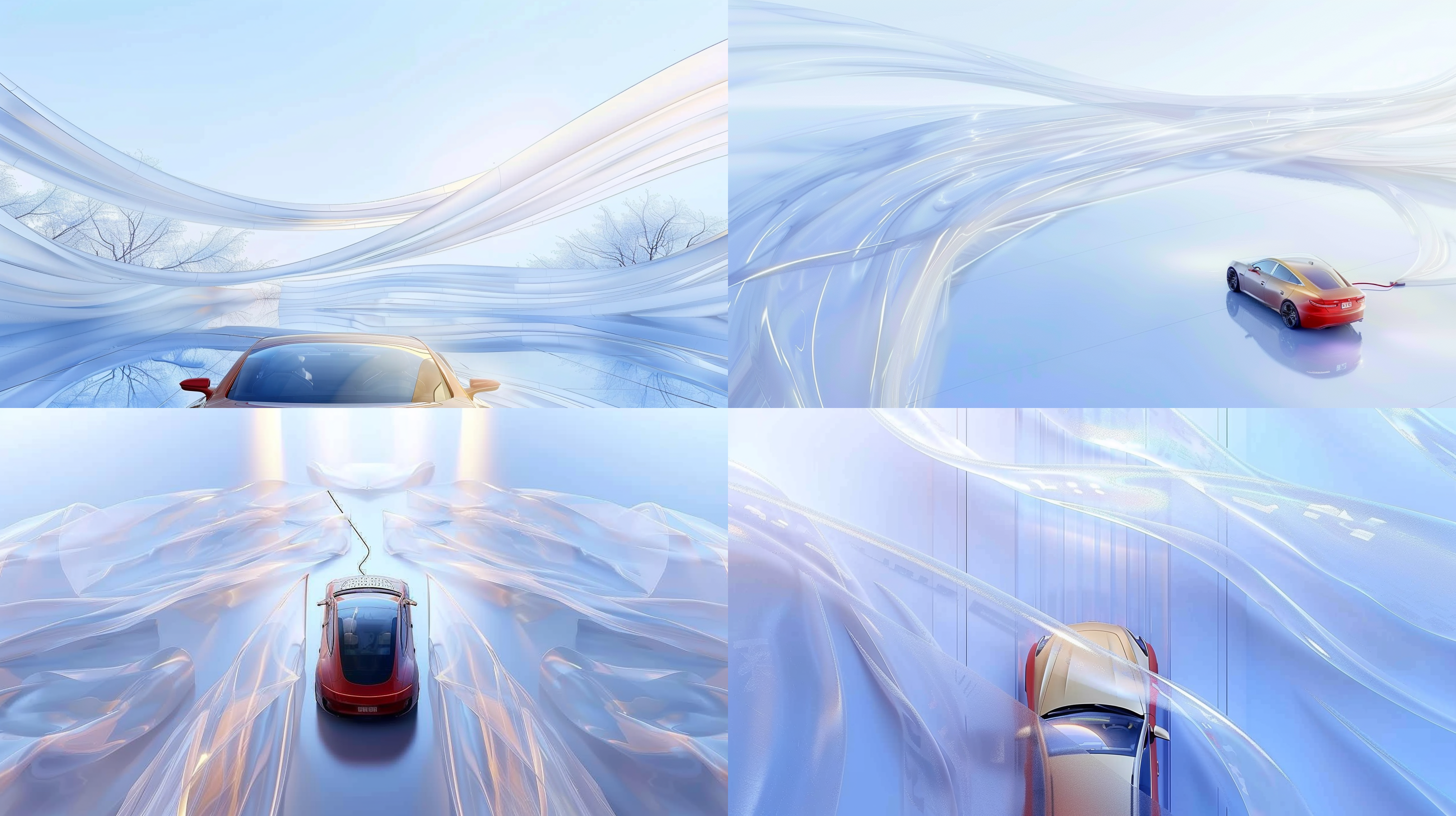 车在充电，顶视图，简约风格，停车场，冷色调，广角镜头，自然光，慢快门，静态，科技感，未来感。 浅蓝 北极背景 顶视图 超广角