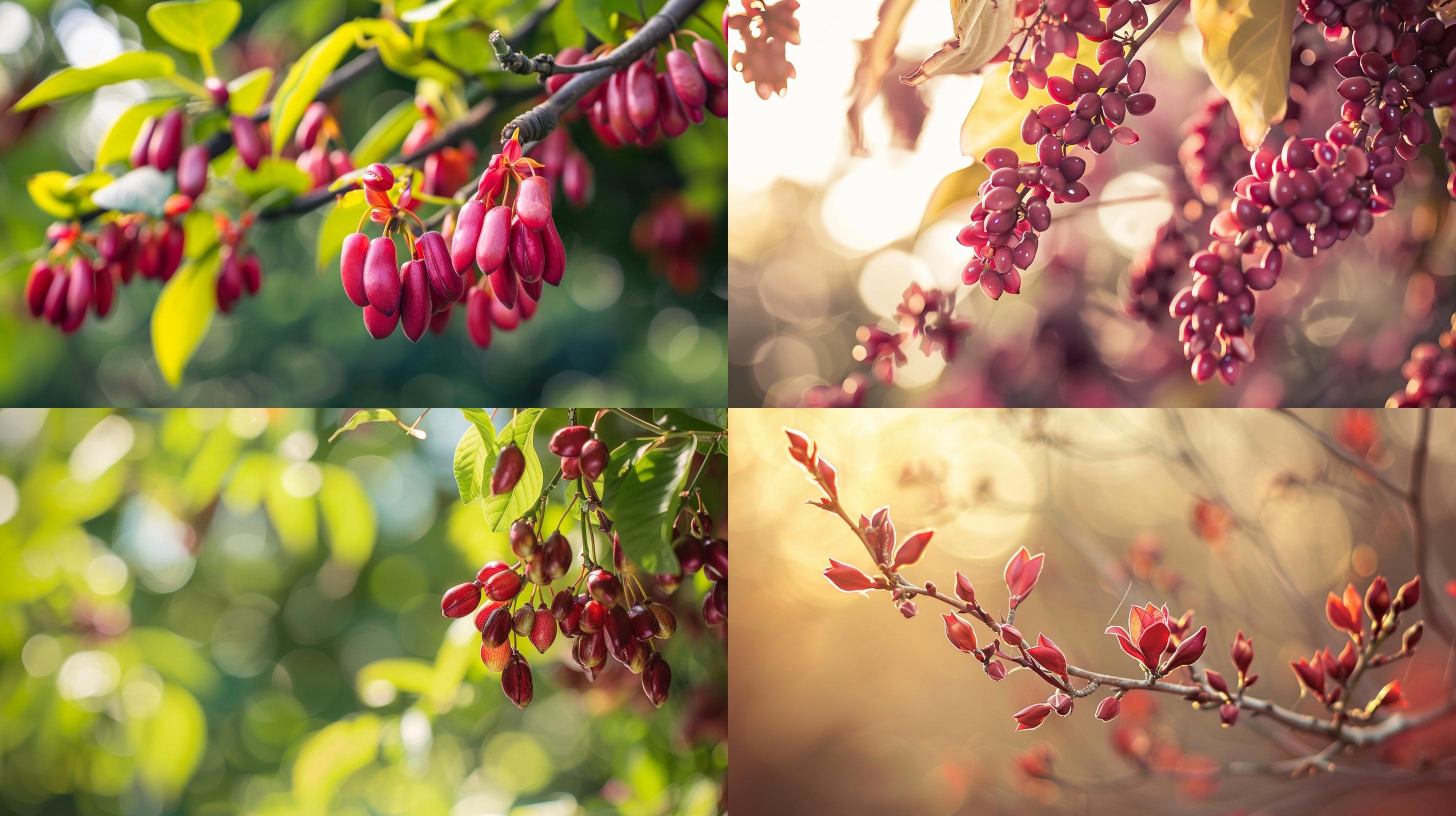 春天红豆树枝，特写镜头，自然光，柔和色调，细节丰富，生长茂盛，枝头挂满红豆，生机盎然，温暖氛围，微距摄影，静谧，希望。