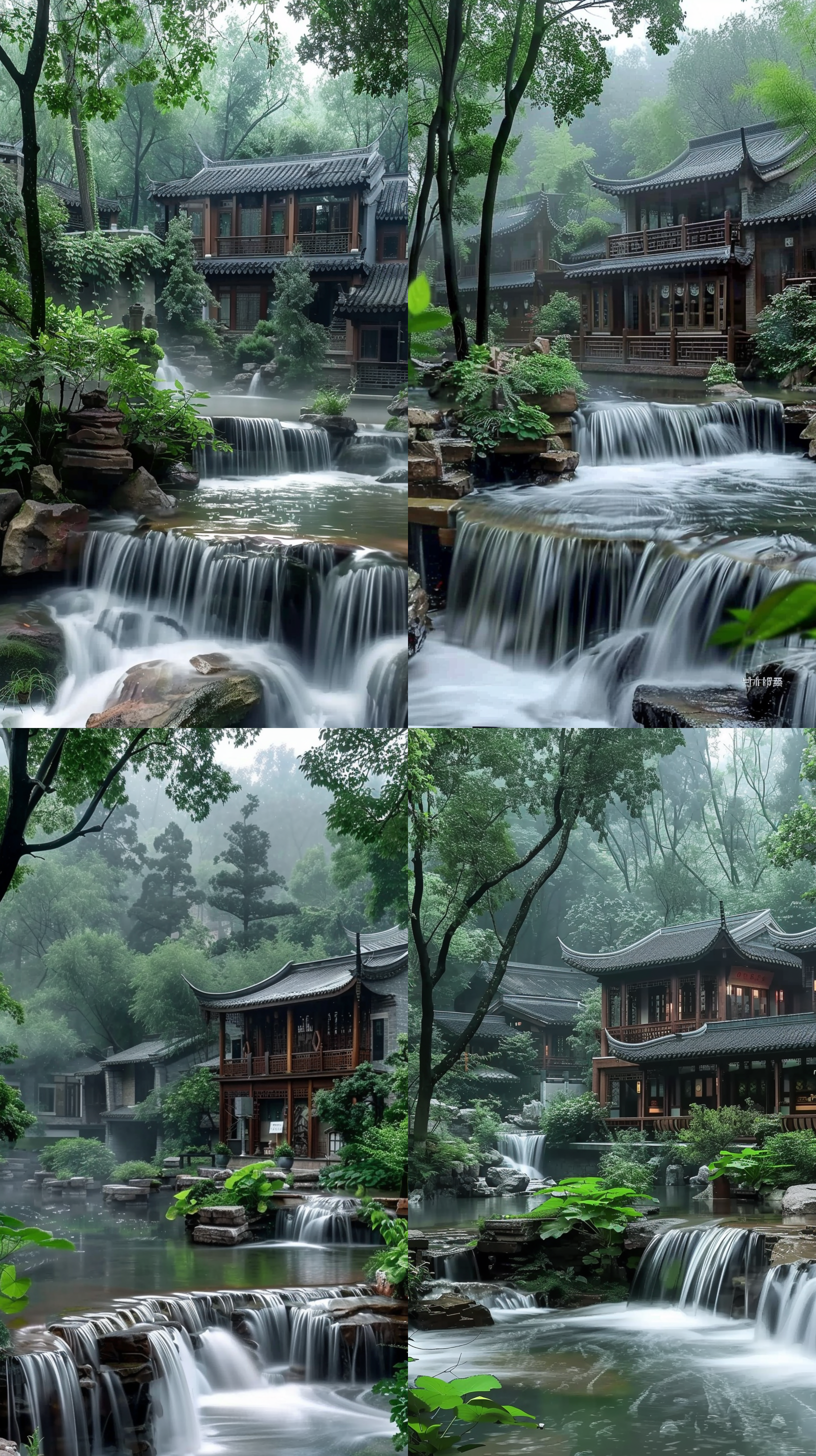 dreamy chinese town, stream flowing through the house, closeup fantasy with water magic, nature trees, japanese cgi, health spa and meditation center, unique landscape, houzz, water splashes cascades, steve zheng, swaying trees, soviet yard, by raymond han, animesque, taoism