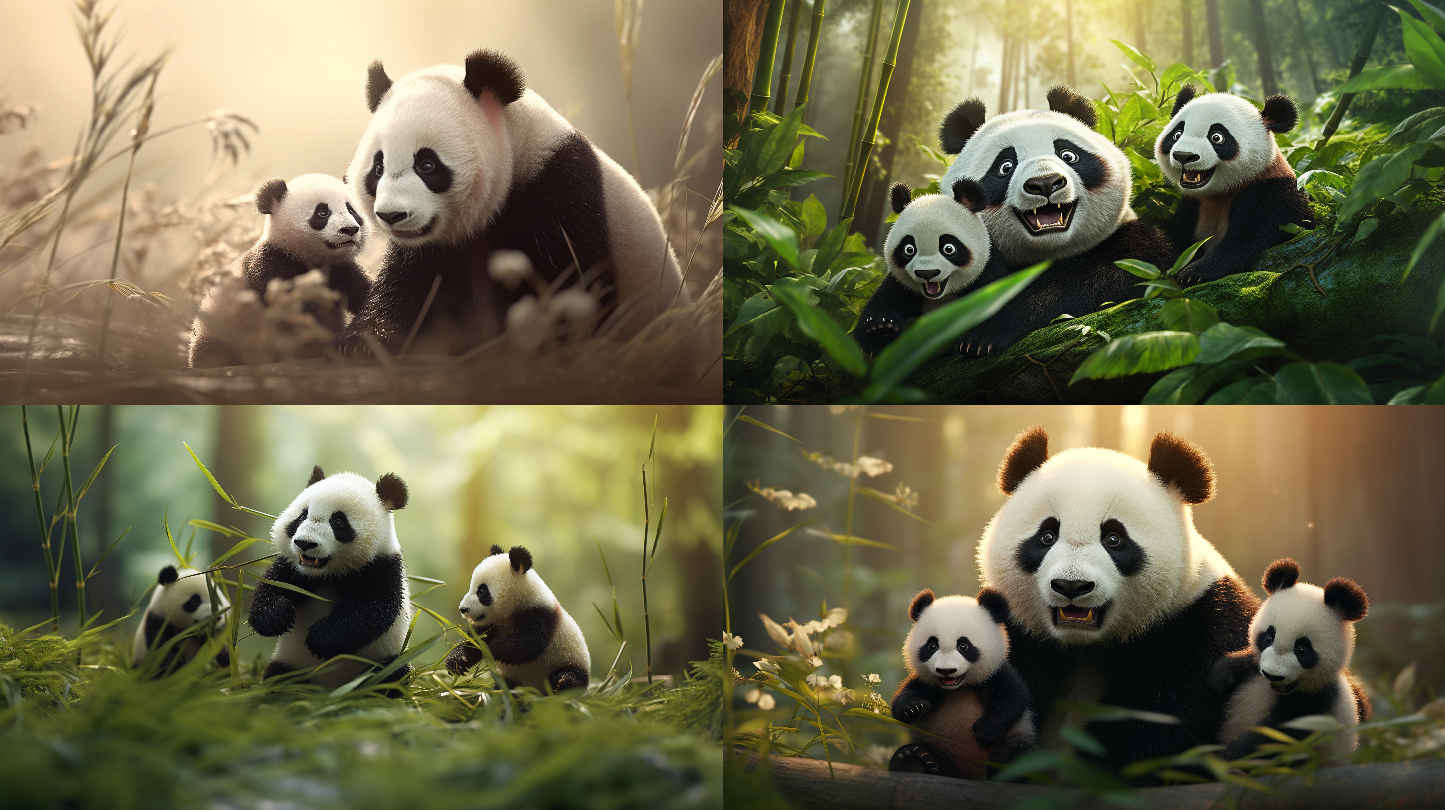 熊猫一家幸福生活，竹林背景，和谐氛围，自然光，中景，慢快门，黑白分明，亲子互动，温馨，广角镜头，柔和色调，微笑表情。
