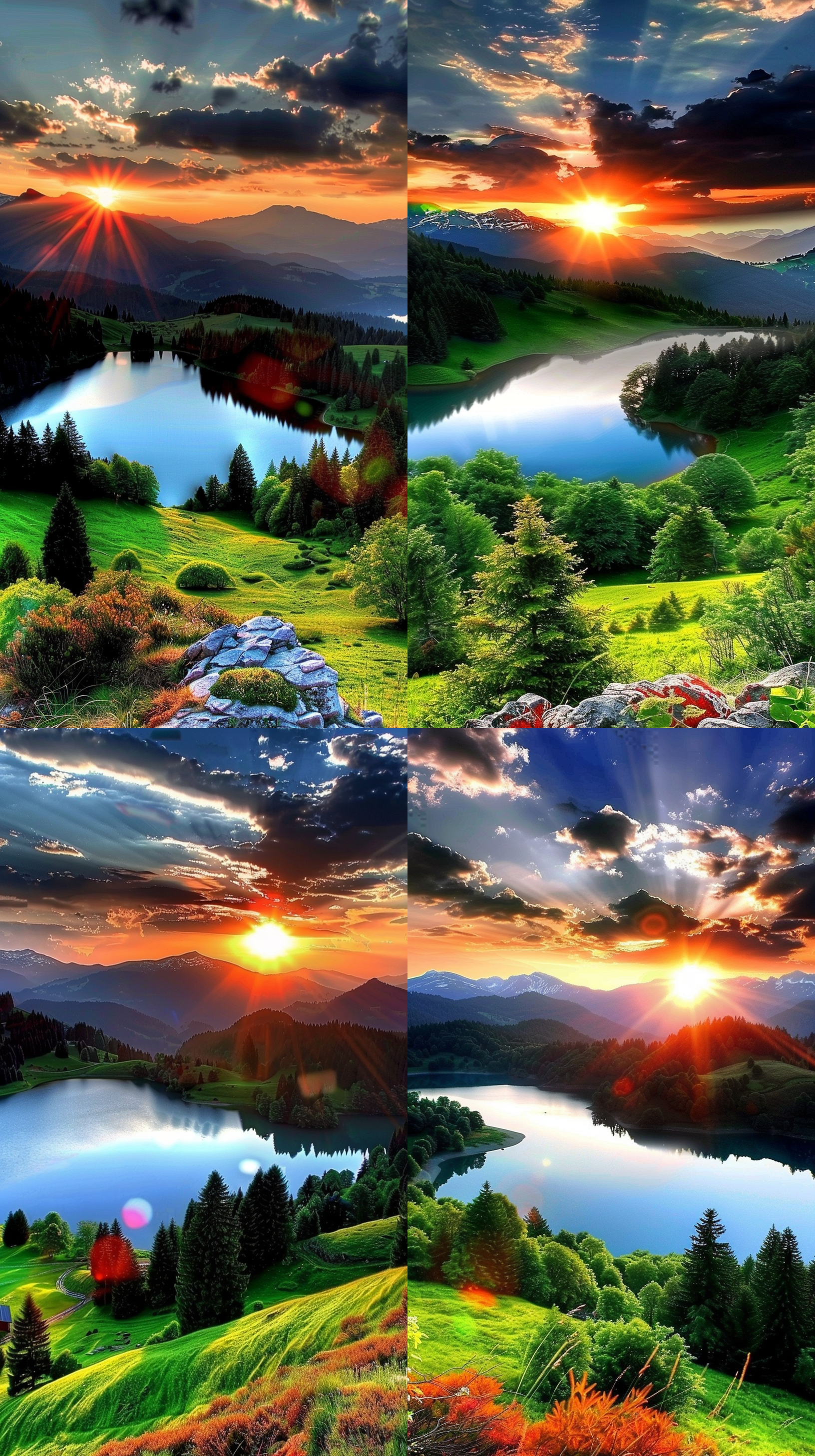 vibrant sunrise, detailed landscape, lakes, sunrays, real image, lush greens, harmonic colors