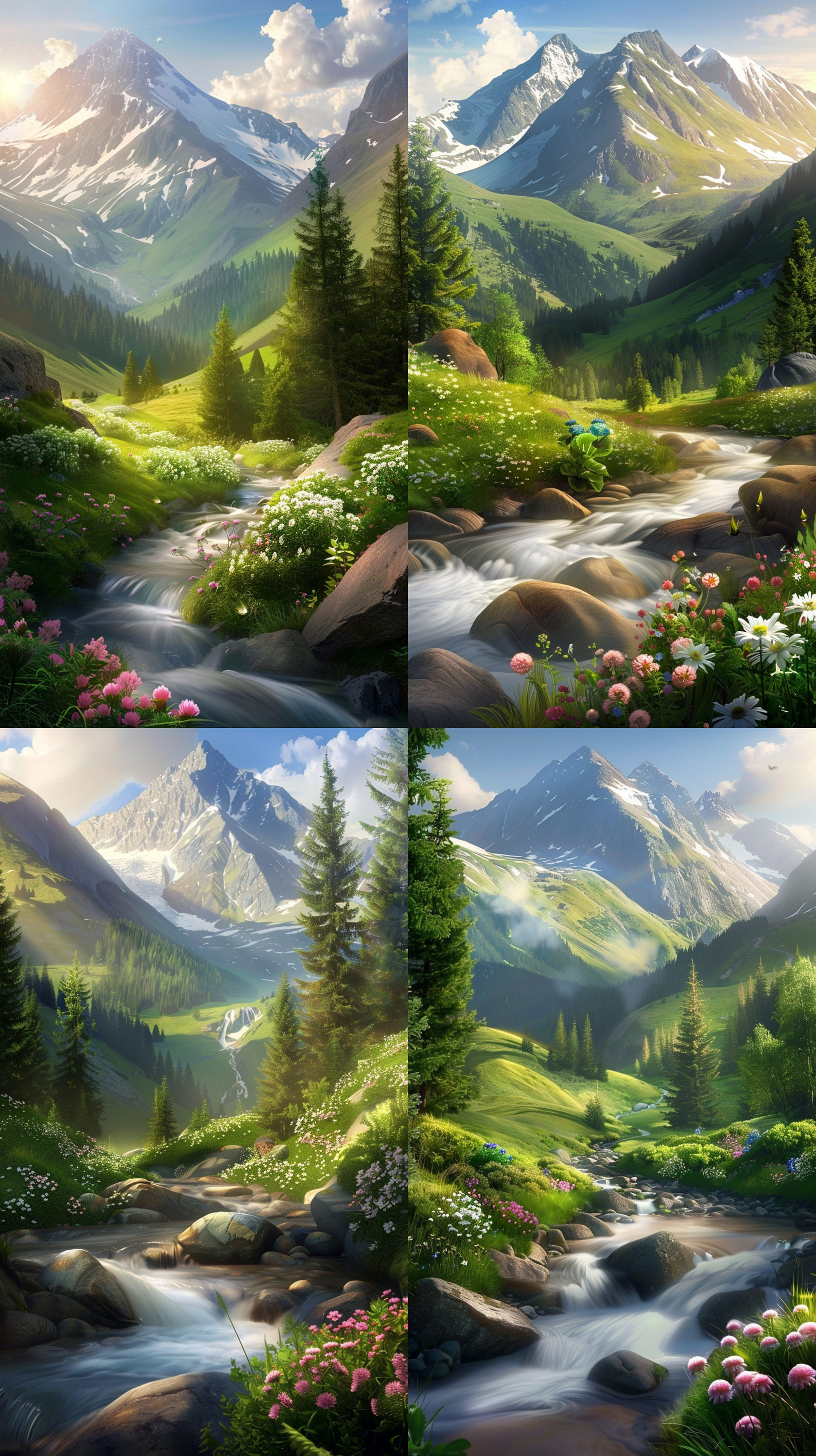 3 d virtual landscape painting, lovely valley, water stream, sunshine lighting high mountains, by tom wänerstrand, 1 6 : 9, 1024x1024, windows xp, clean borders, by ben enwonwu, mist vapor, as a matte oil painting, lush flora, imagery