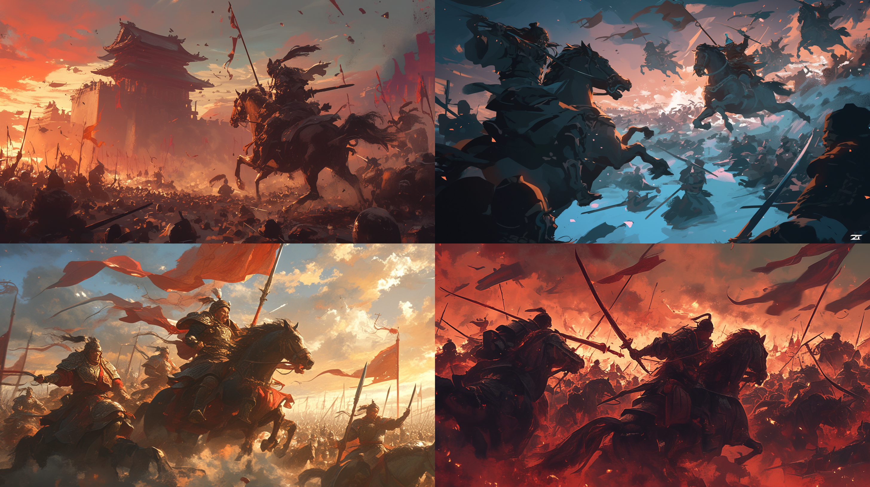 古代中国战场鸟瞰图，骑兵冲击进入敌军步兵阵列，速度感，残酷，骑兵队冲入敌军方阵，步兵四散，士兵们体型健壮，英勇作战，注重画面细节，黑暗之魂风格，16k分辨率，色彩低饱和度，低沉，冷色调，氛围压抑，油画风格