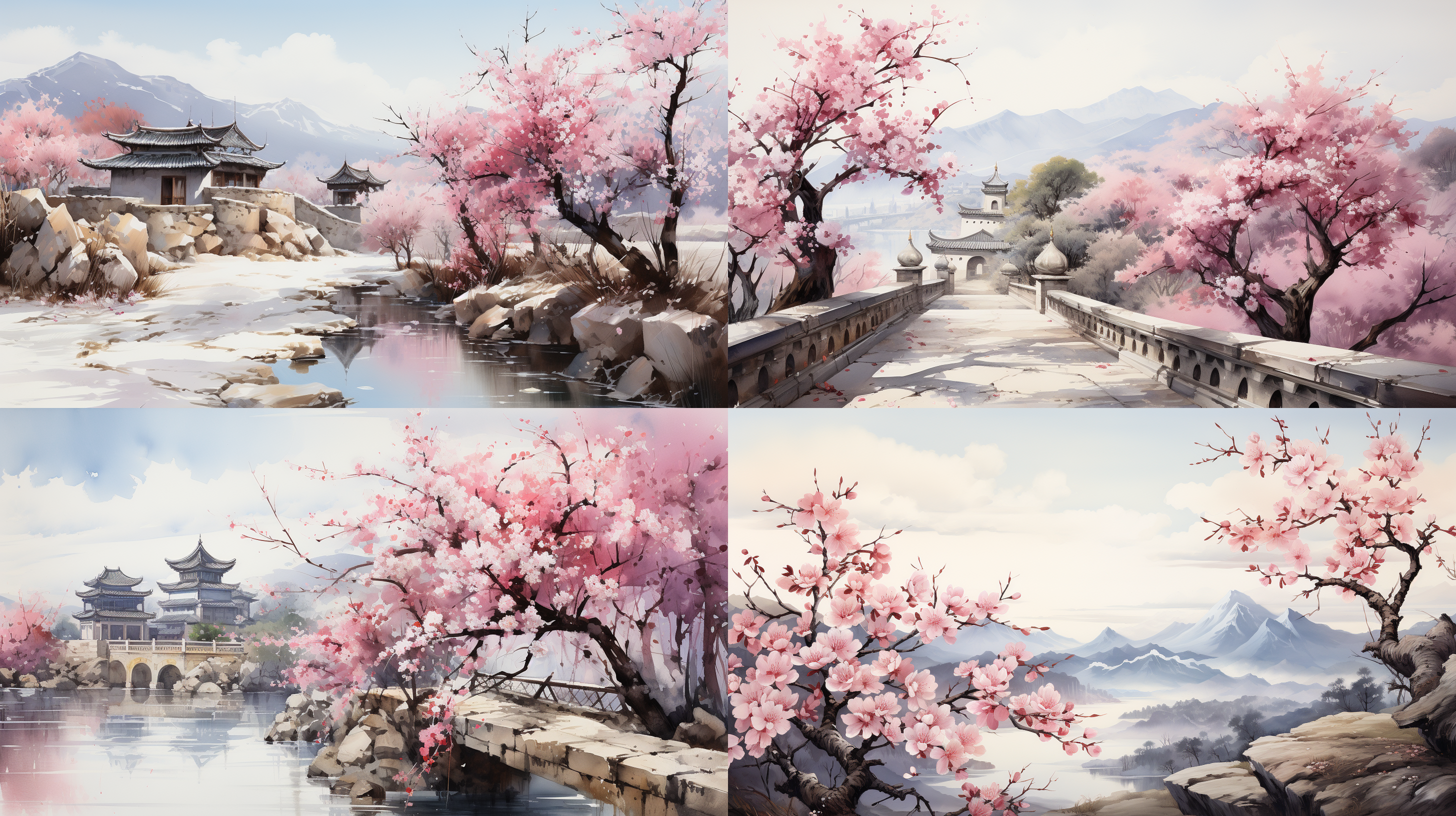 中国古代水墨意境，墙外桃花伸进别院，桃花繁茂覆盖天空，形成仙境画面，阳光斑驳，香气弥漫，浪漫，留白技巧，长焦镜头，自然光，静谧，和谐，笔墨细腻。 国墨