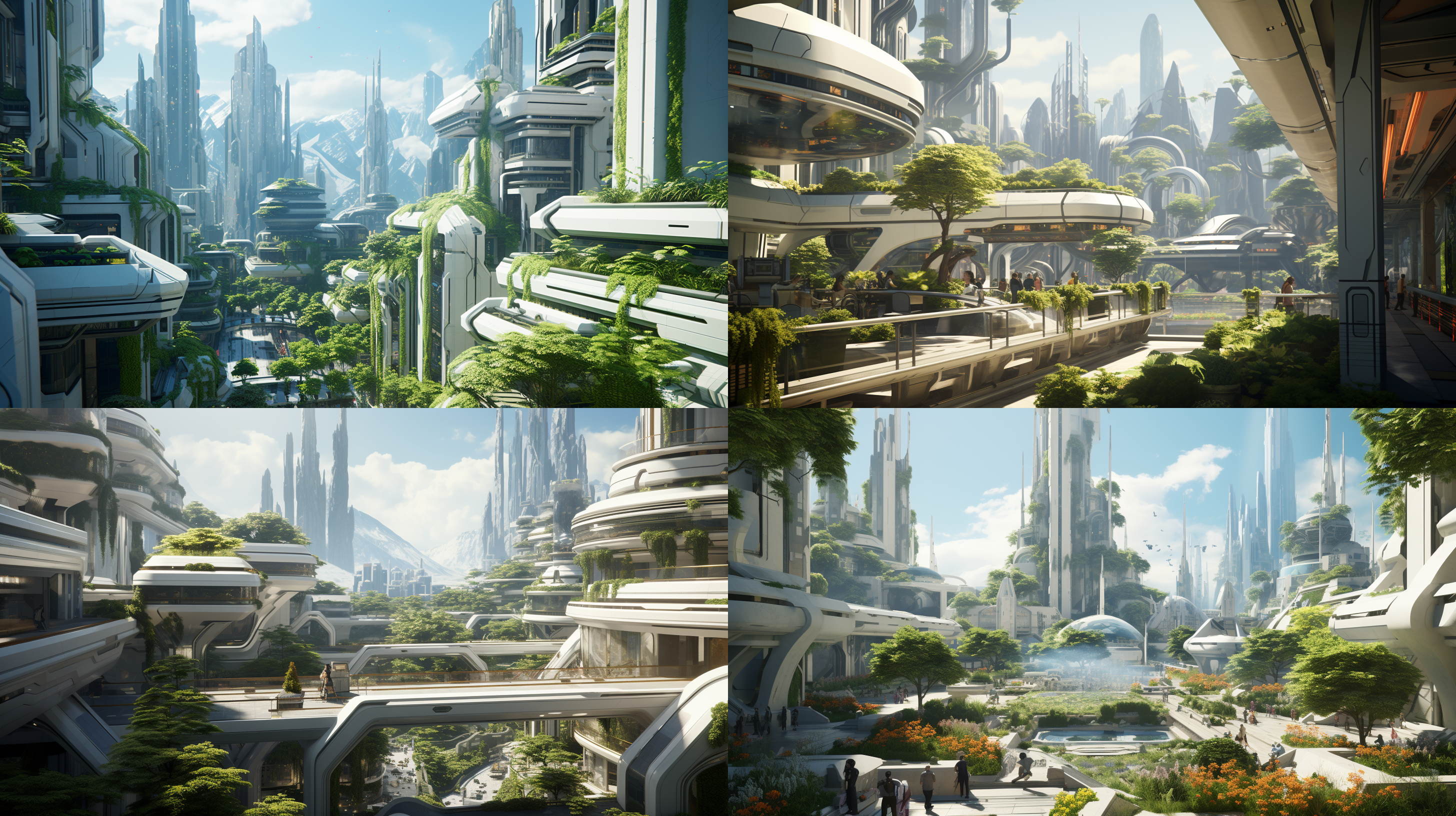 白色商业建筑群，棱角结构，双层结构，无人，绿植点缀，全景，游戏cg风格，广角镜头，自然光，科技感，清新色调，和谐统一。