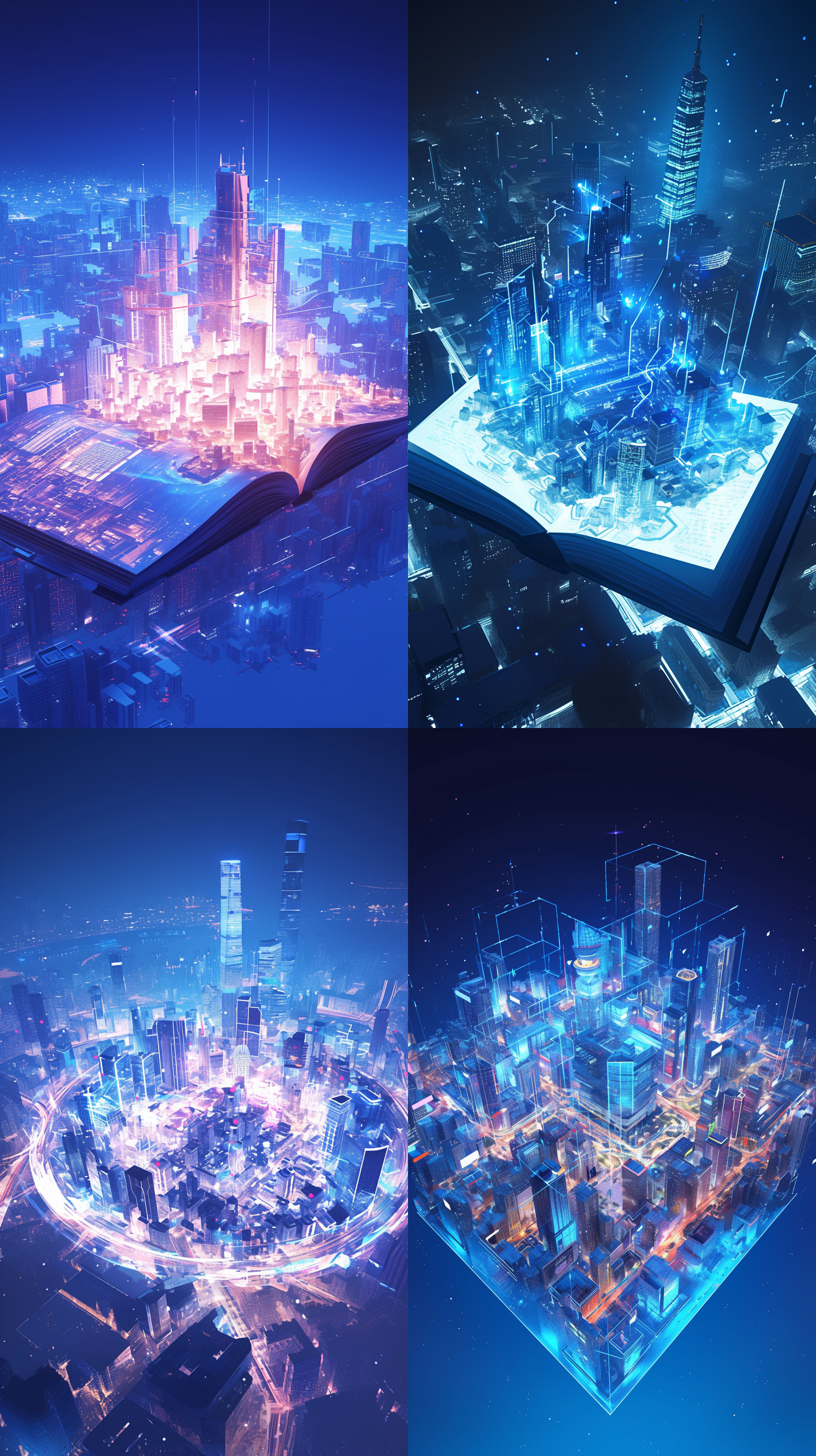 打开的全息魔法书，上海3d模型从中生长，夜晚场景，全息风格，超细节，3:4比例，城市夜景，蓝色调，动态光影，高清晰度，科技感，神秘氛围。