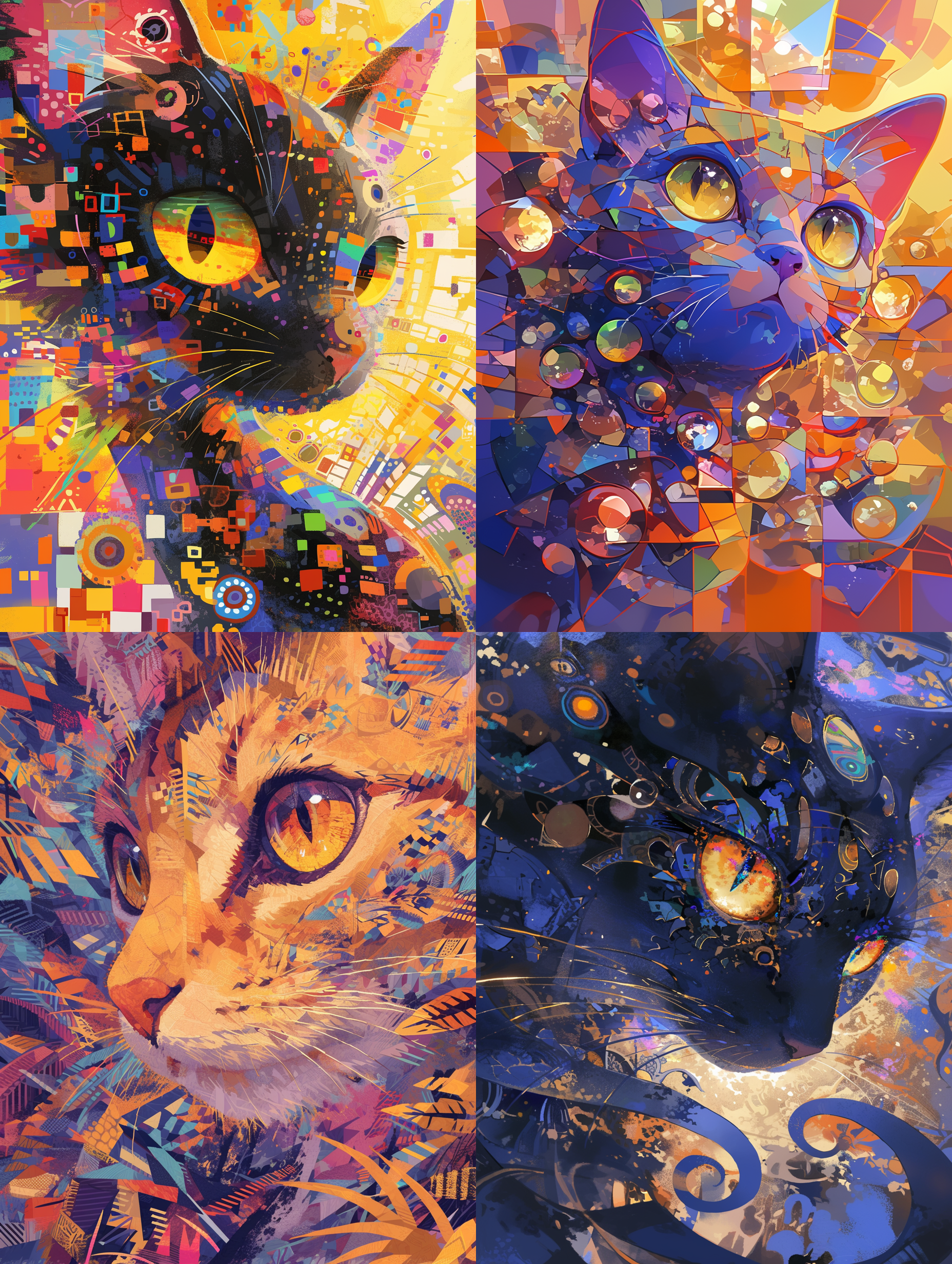 a colorful cat, mosaic style, abstract background, zoom lens, rich colors, abstract composition, fantasy atmosphere, dreamlike emotion