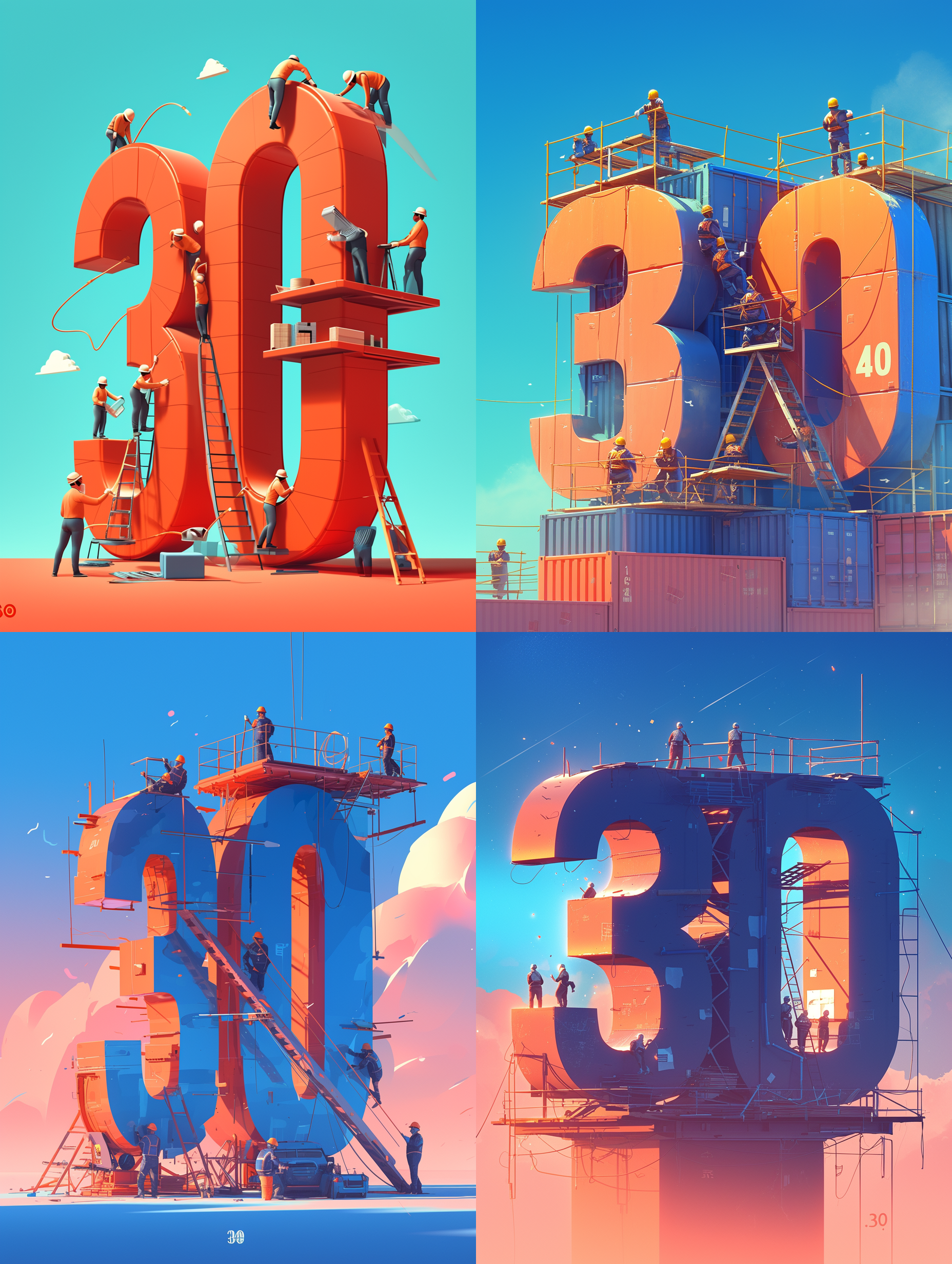 3d illustration of the number "30" with workers building it against a red and blue gradient background in a minimalist style using simple lines and shapes with white space around the objects. light comes from behind the workers, creating shadows on their faces in the style of a light color theme with a chinese new year atmosphere. a group photo is taken of four or five construction site workers in front of giant numbers in the style of a high resolution professional image