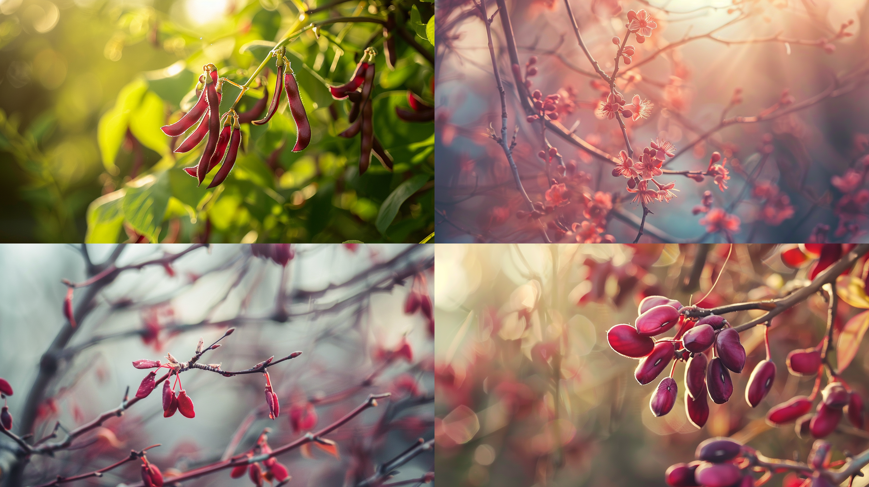 spring red bean branches, close-ups, natural light, soft tones, rich details, lush growth, branches hung with red beans, full of life, warm atmosphere, macro photography, silence, hope.