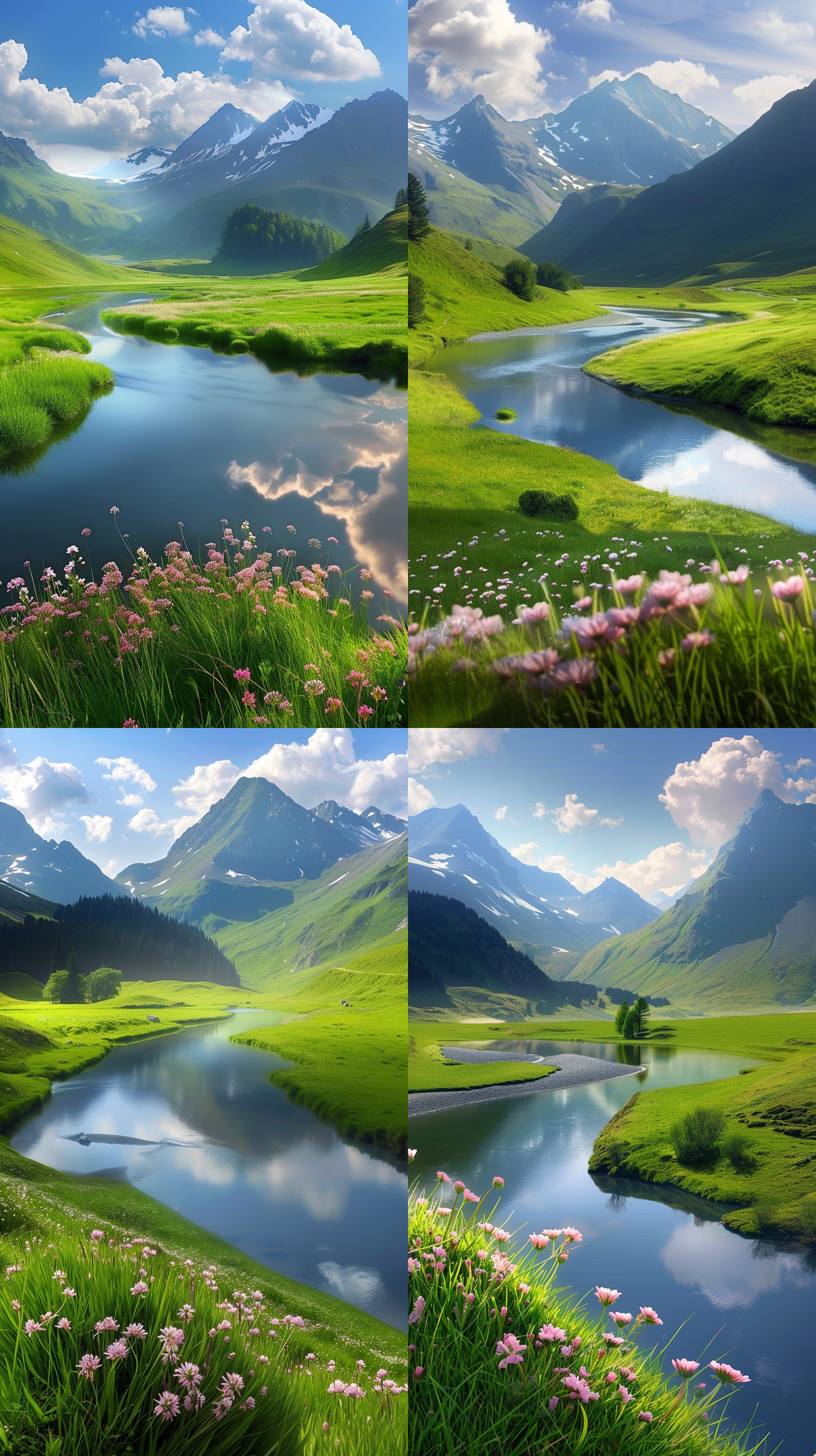 grass and water, heavenly landscape, real image, soft focus, arabic pronunciation: [kaʕ. bah]), melting into rivers, computer graphics, vast lush valley flowers, tengri, identical picture, serene emotion, white borders, gentle mists, river in front of him