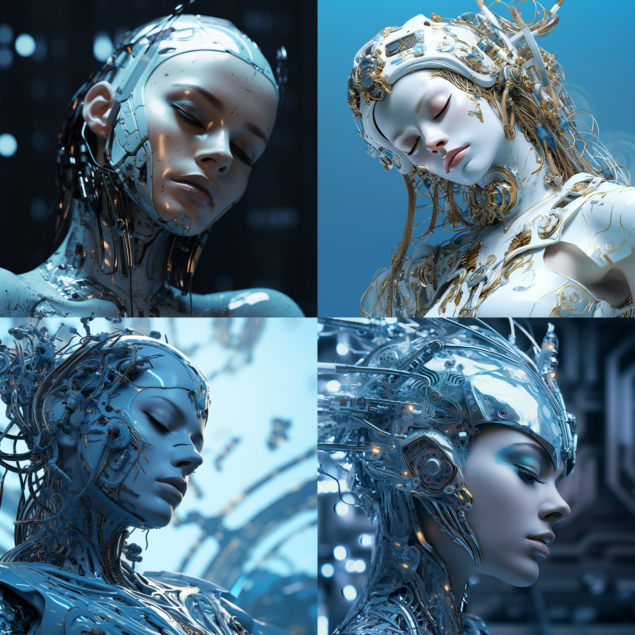 未来感废土风人工智能，身体浅蓝色泛银光，中央闭眼低头沉思，鳞状物装饰，极简风格，高光对比，冷色调，特写镜头，柔和背光，静态，深邃。