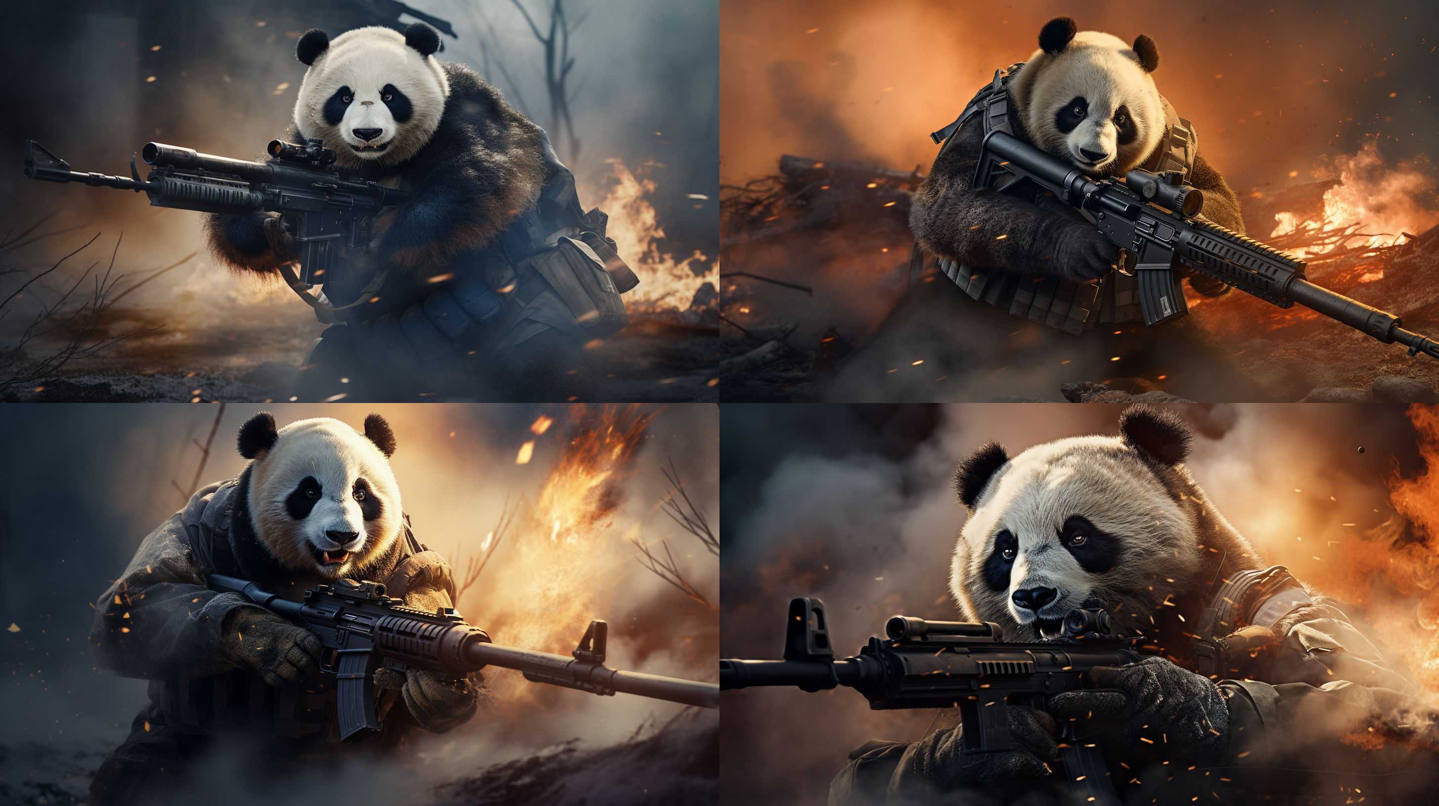 穿着军装的熊猫，手持步枪，战场冲锋，低角度仰拍，硝烟弥漫，冷色调，长焦镜头，逆光，动态模糊，勇敢，坚定。