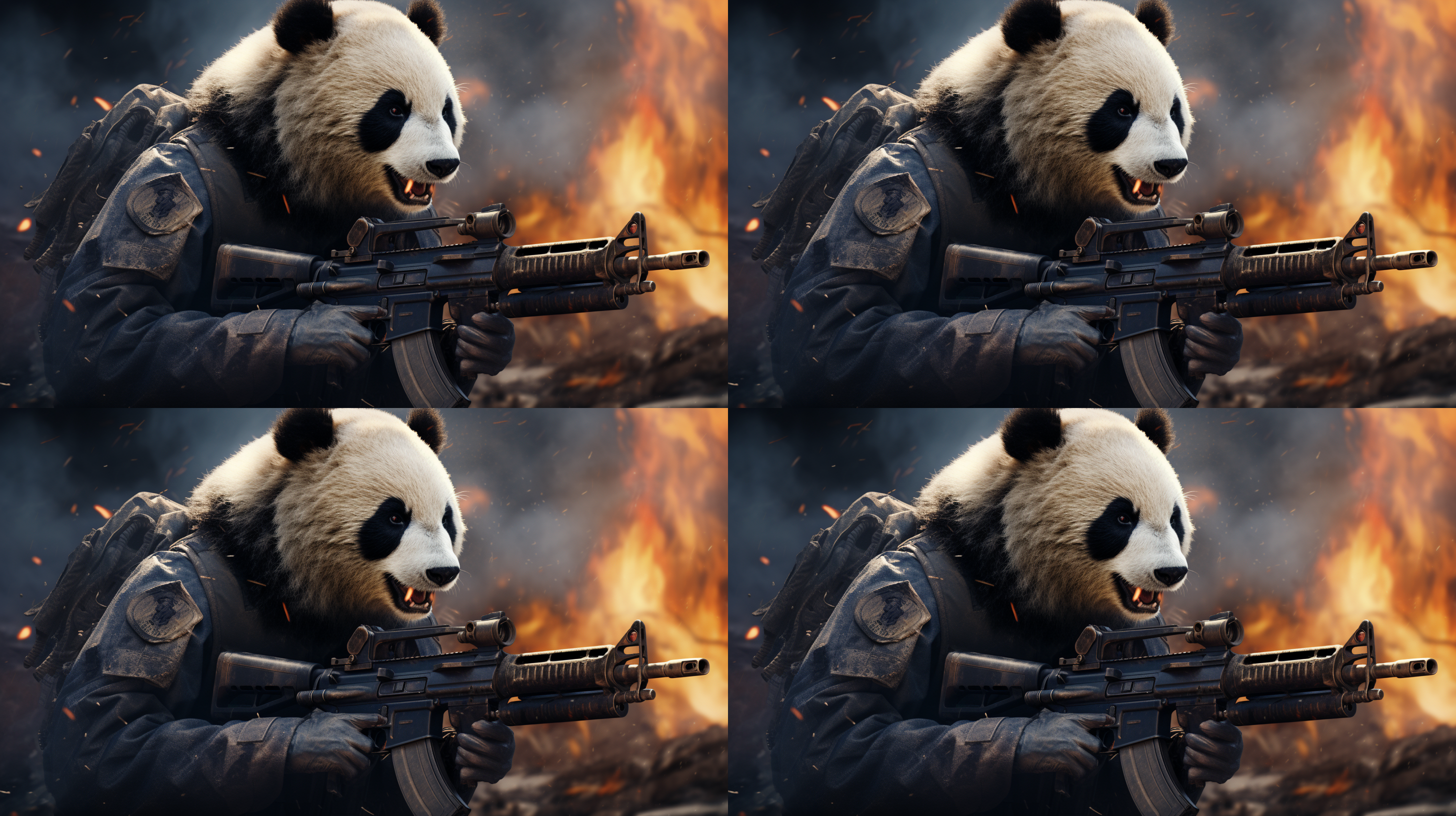 穿着军装的熊猫，手持步枪，战场冲锋，低角度仰拍，硝烟弥漫，冷色调，长焦镜头，逆光，动态模糊，勇敢，坚定。