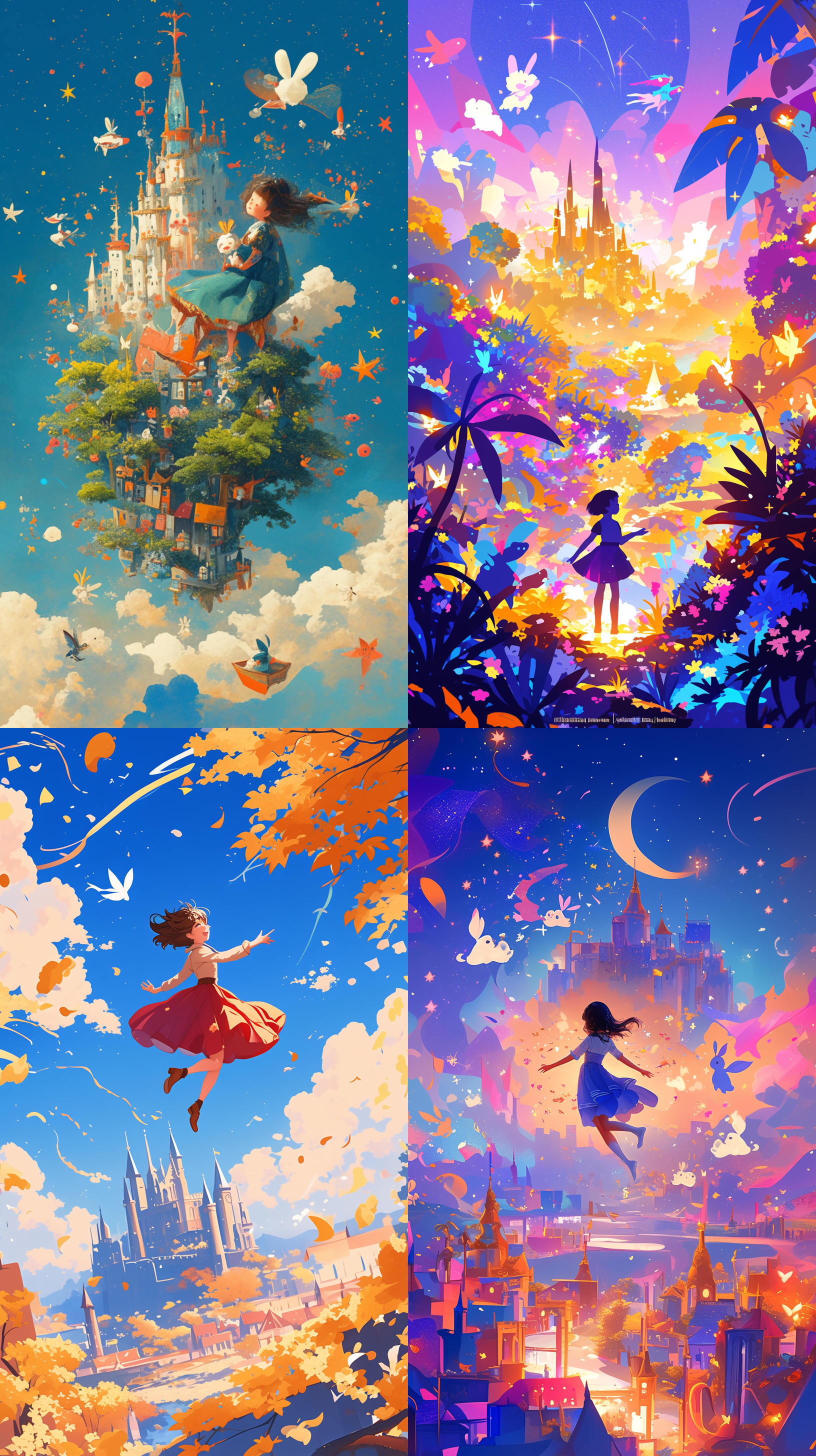 一个小女孩,穿着裙子,飞在天空中，遨游在童话幻想宇宙里,背景里有城堡魔法、兔子、小浣熊、仙女、星星，高质量,高清 8k,多彩,五彩斑斓,幻想风格，扁平艺术