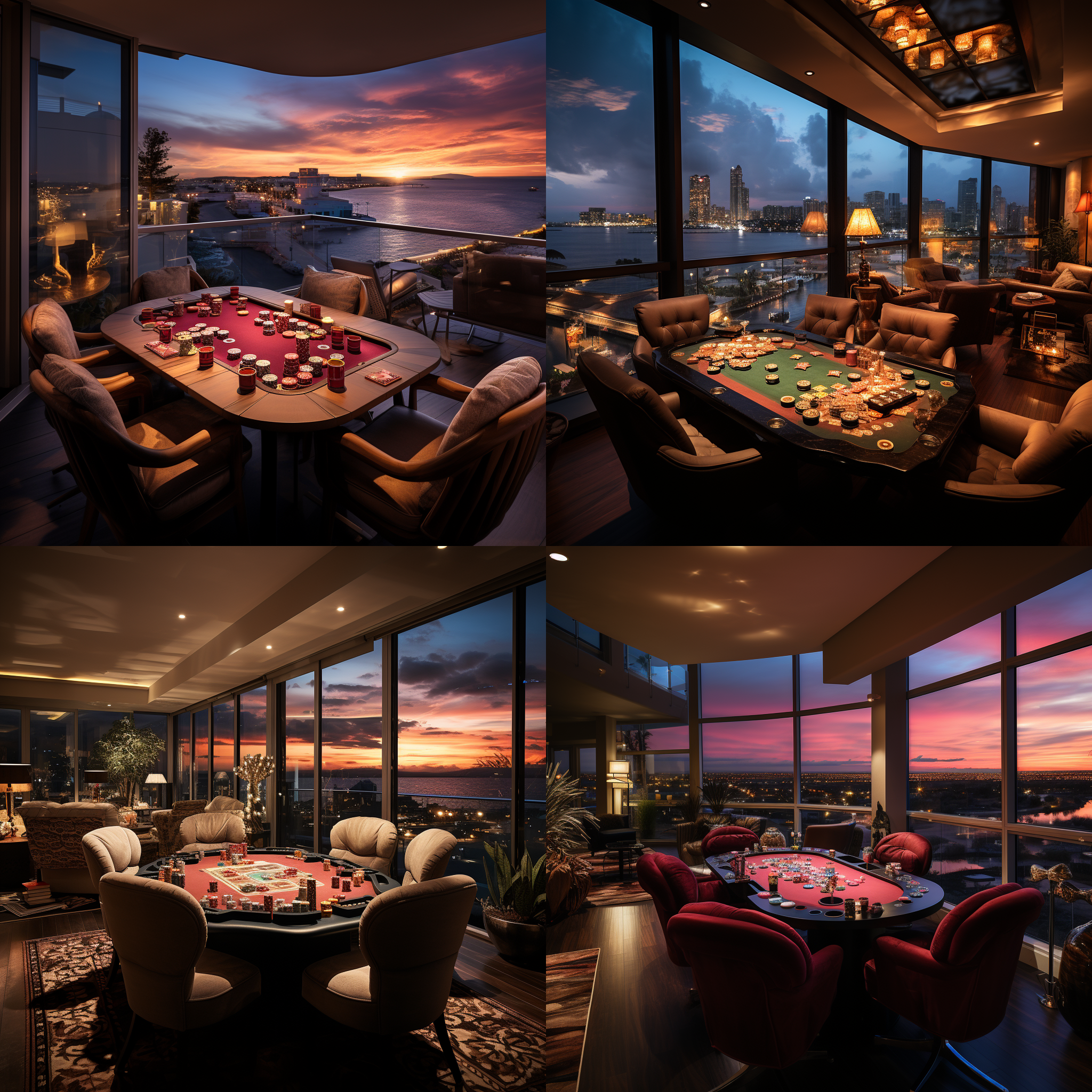 5星酒店房间，超大落地窗，房间有德州专业桌和筹码，地毯，室内温馨，柔和灯光，长曝光，傍晚模式，广角镜头，低角度，窗外海景，室内细节