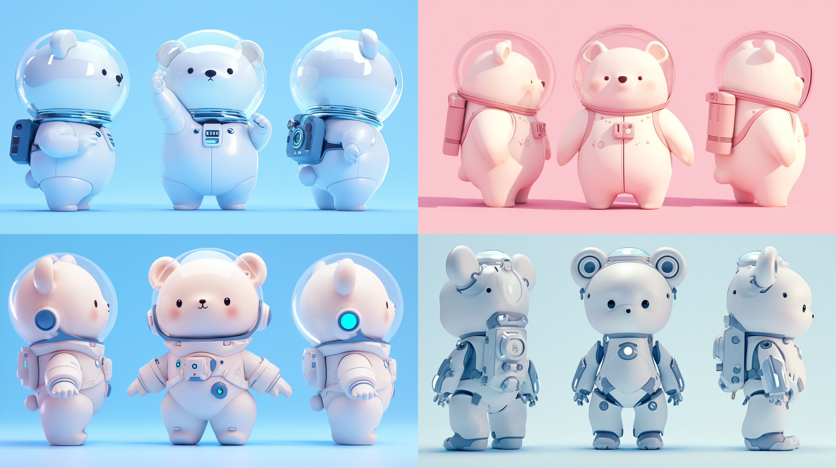 三视图，全身，正面，侧面，背面，卡通ip，白色小熊，白色宇航员玻璃帽子，科技感，萌萌哒，蹲下，干净背景，pop mart，pixar，ip盲盒，粘土材料，柔和颜色，工作室灯光，octane render，3d，c4d，超高清8k，16:9纵横比。