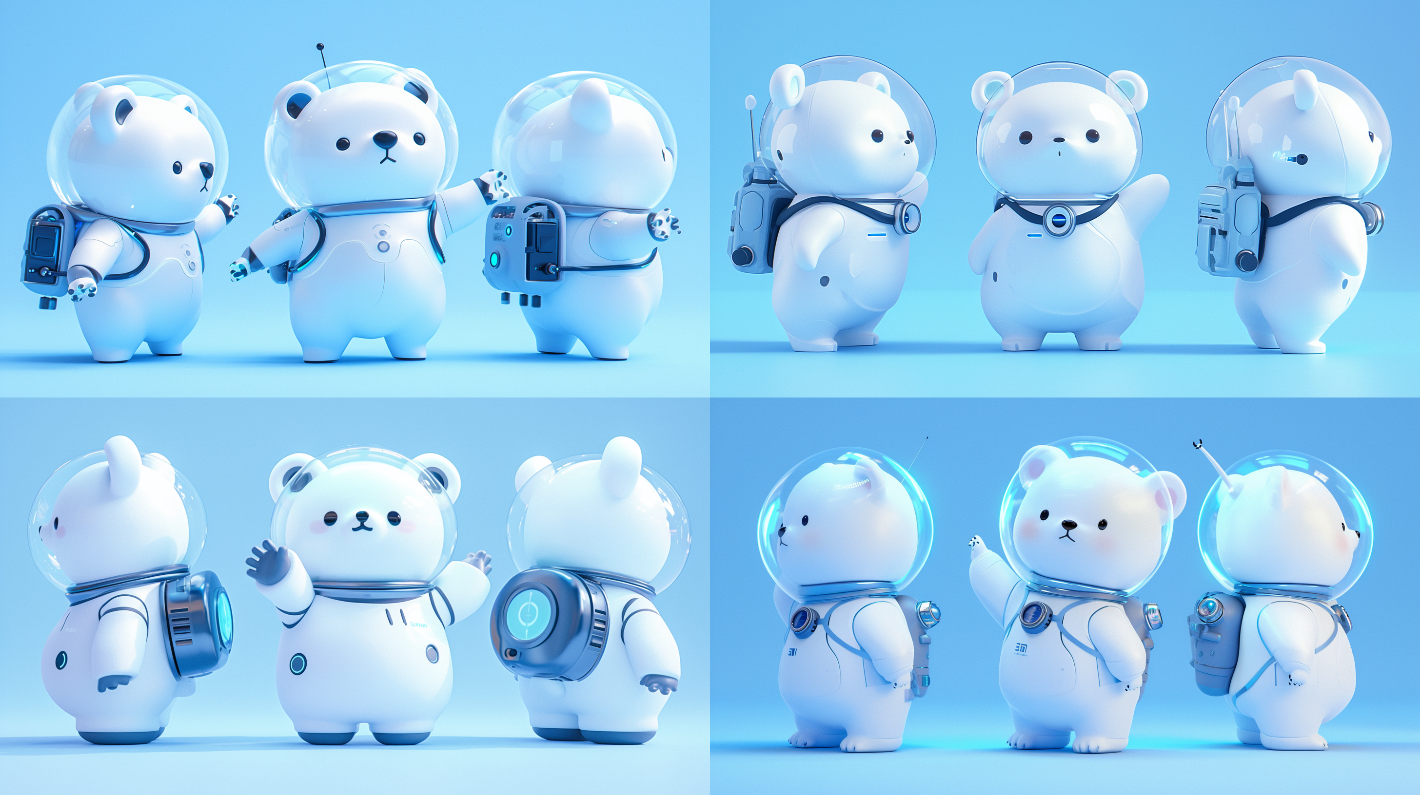 三视图，全身，正面，侧面，背面，卡通ip，白色小熊，白色宇航员玻璃帽子，科技感，萌萌哒，蹲下，干净背景，pop mart，pixar，ip盲盒，粘土材料，柔和颜色，工作室灯光，octane render，3d，c4d，超高清8k，16:9纵横比。