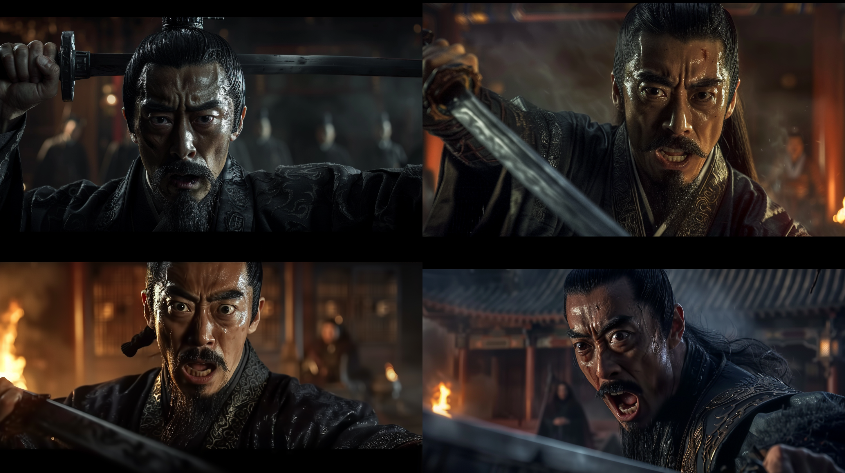 荆轲举刀怒吼，高分辨率，历史氛围，中景，上半身特写，背景虚化，右手高举握刀，怒容满面，怒目圆睁，张嘴大喊，表情决绝，强烈对比，侧光，黑白风格，动态捕捉，紧张情绪。