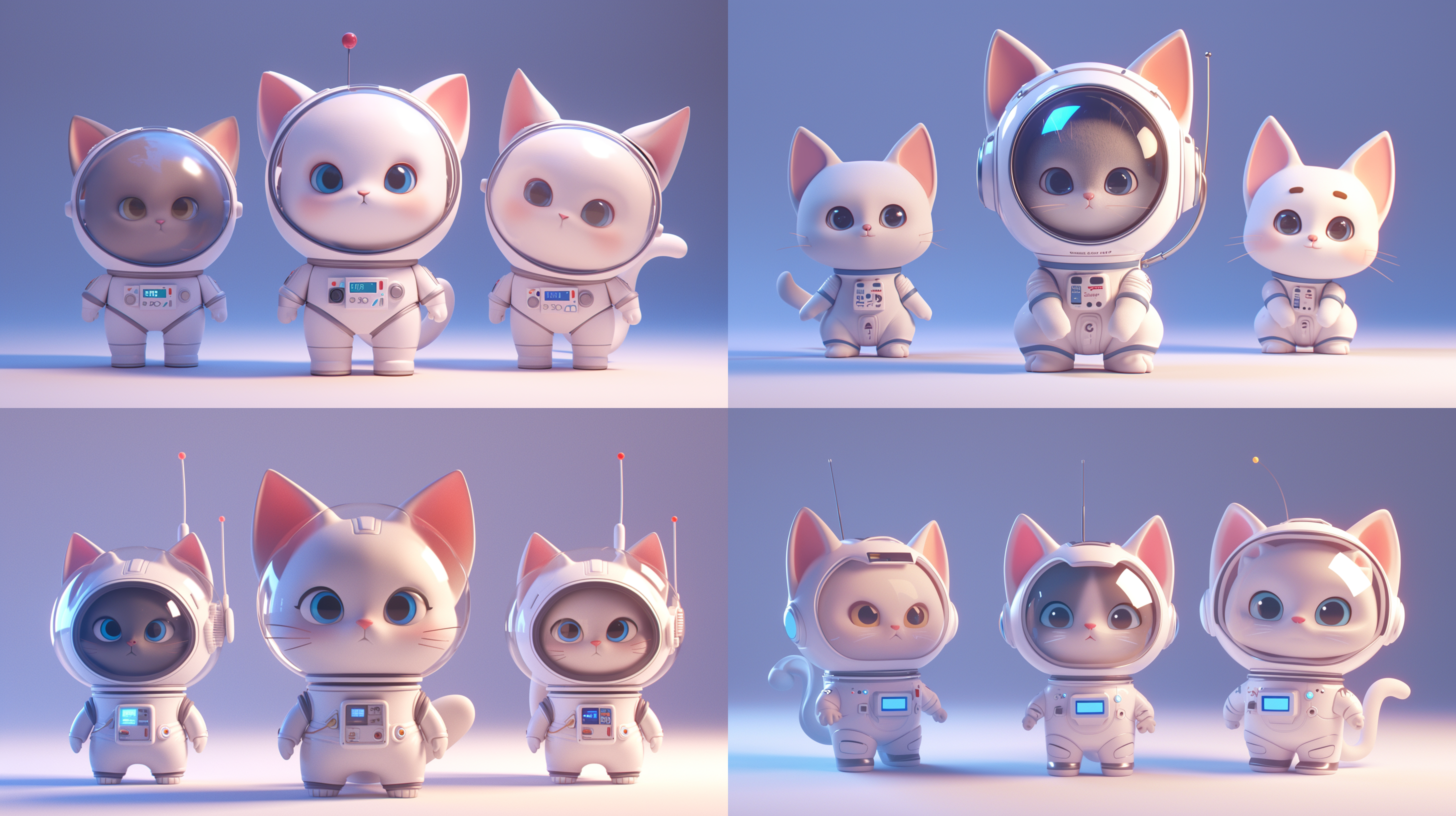 前视图，左视图，右视图，全身，卡通ip，灰色猫，白色宇航员玻璃帽子，科技感，萌萌哒，蹲下，干净背景，pop mart，pixar，ip盲盒，粘土材料，柔和颜色，工作室灯光，octane render，3d，c4d，超高清8k，16:9纵横比。