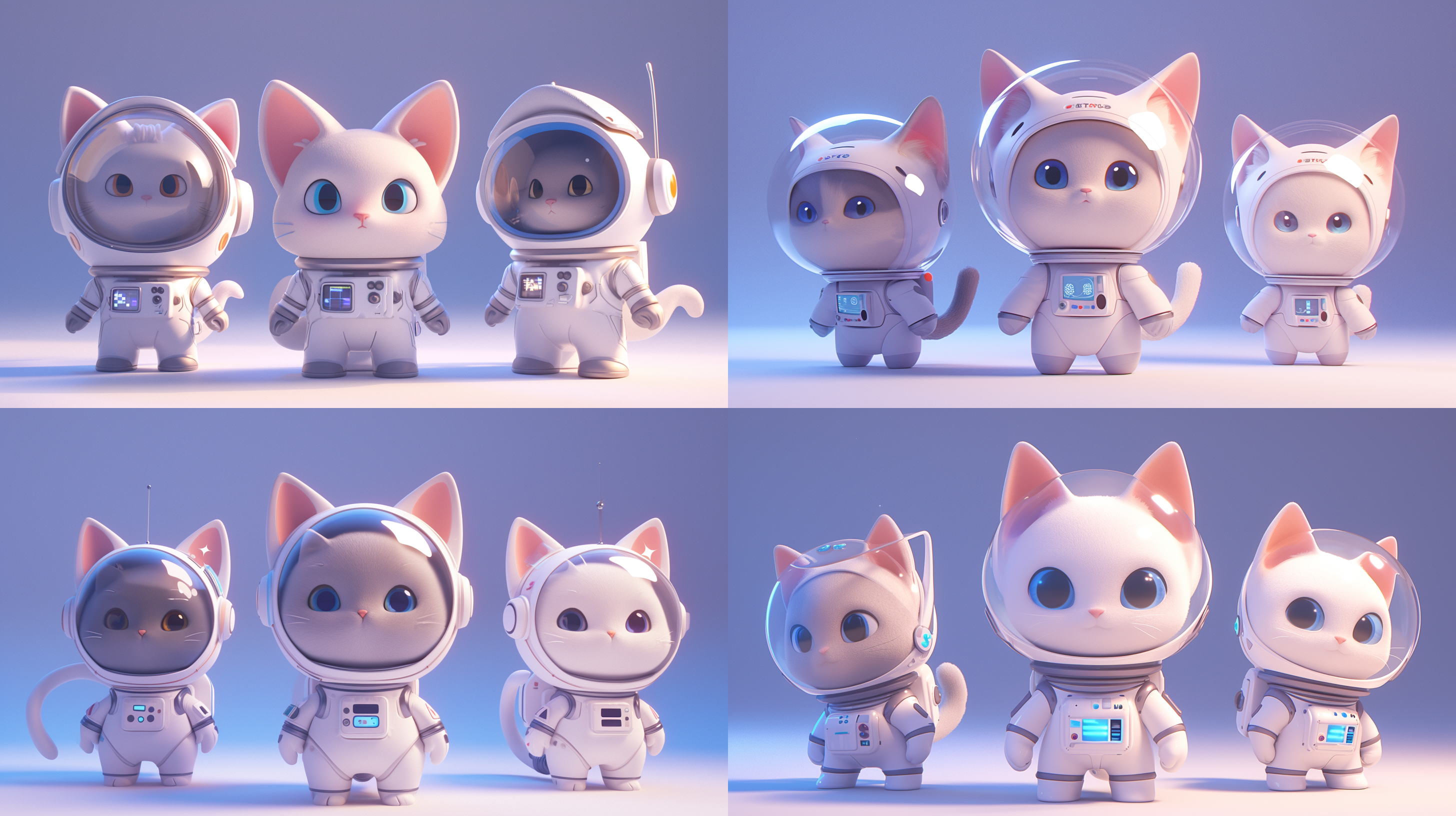 前视图，左视图，右视图，全身，卡通ip，灰色猫，白色宇航员玻璃帽子，科技感，萌萌哒，蹲下，干净背景，pop mart，pixar，ip盲盒，粘土材料，柔和颜色，工作室灯光，octane render，3d，c4d，超高清8k，16:9纵横比。