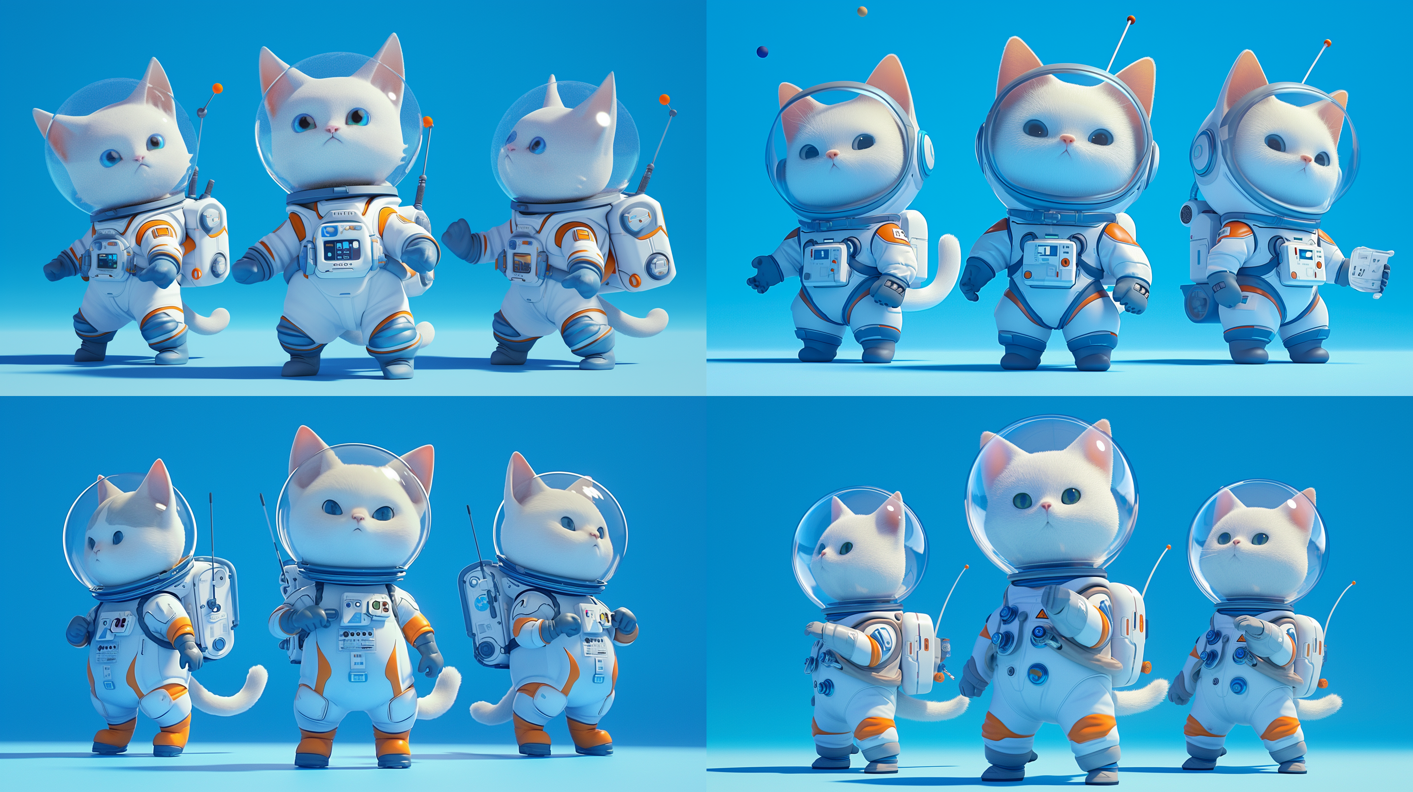 前视图，左视图，右视图，全身，卡通ip，灰色猫，白色宇航员玻璃帽子，科技感，萌萌哒，蹲下，干净背景，pop mart，pixar，ip盲盒，粘土材料，柔和颜色，工作室灯光，octane render，3d，c4d，超高清8k，16:9纵横比。