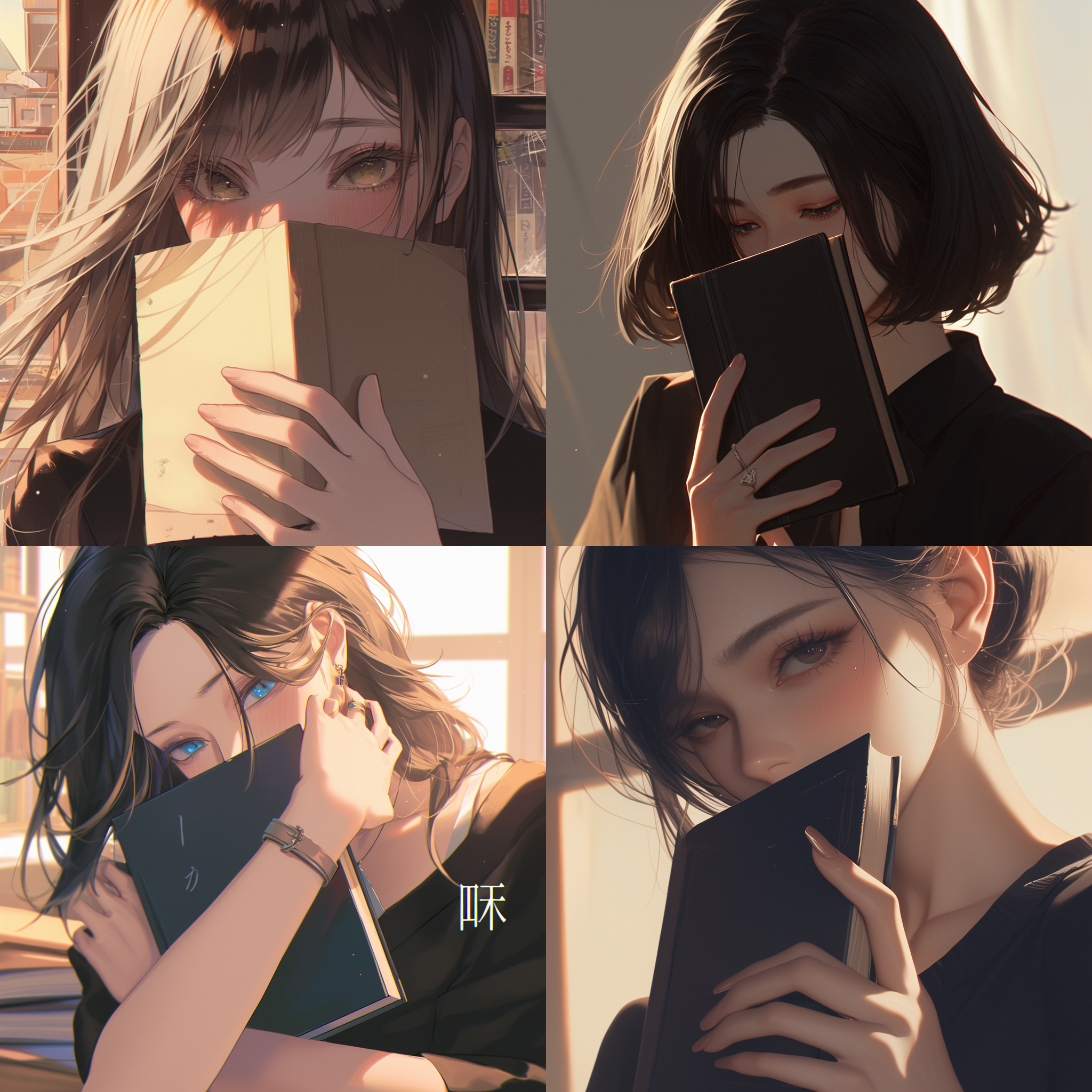 头像，手拿书遮面，低头羞见人，半身像，柔和光线，室内，自然色彩，中焦镜头，正面光，静态，含蓄，书本细节。