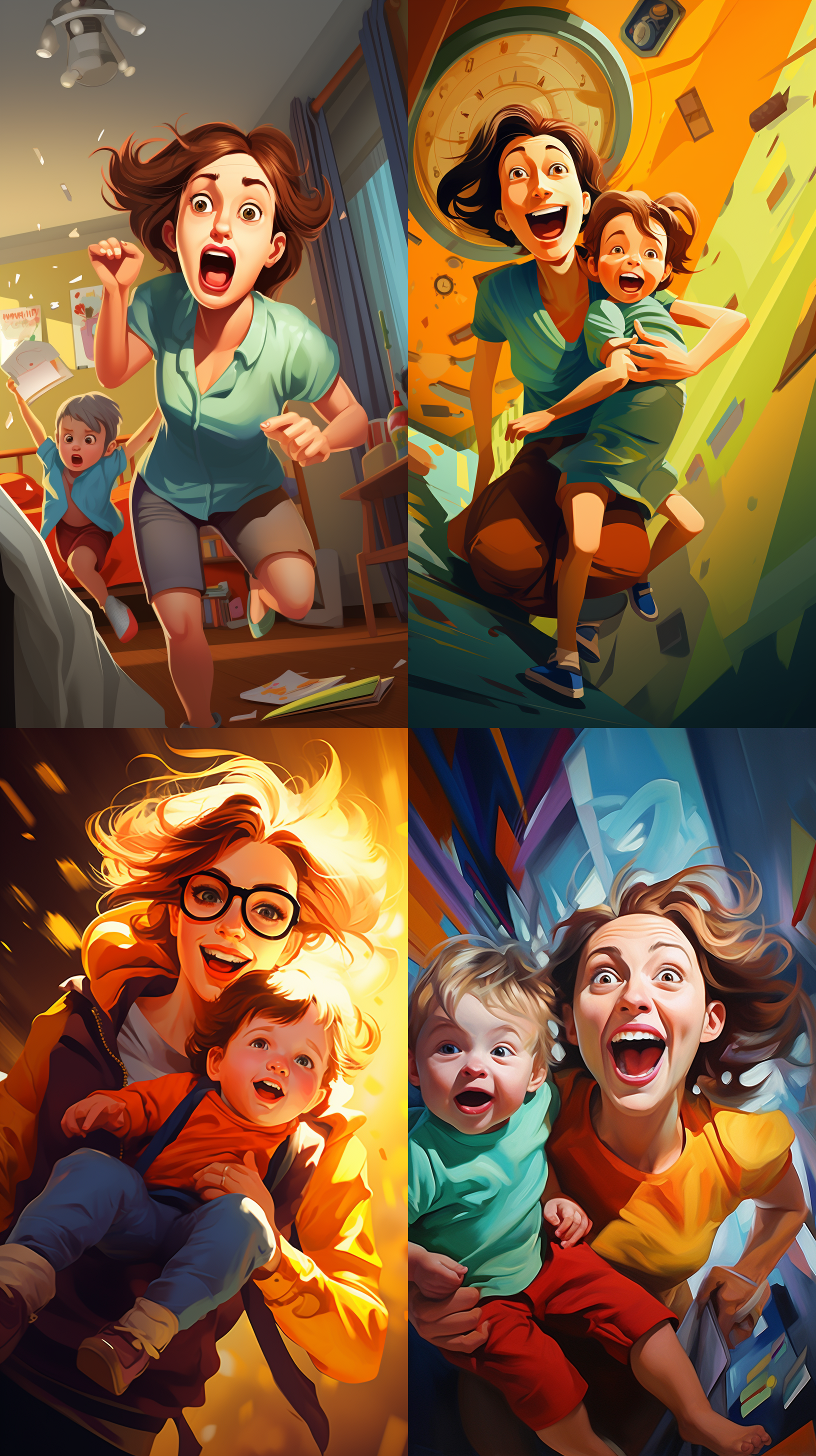 妈妈拎着小孩，轻松搞笑场面，家庭室内，卡通风格，明亮色彩，夸张表情，快速动作，幽默，广角镜头，正面光，动态捕捉。