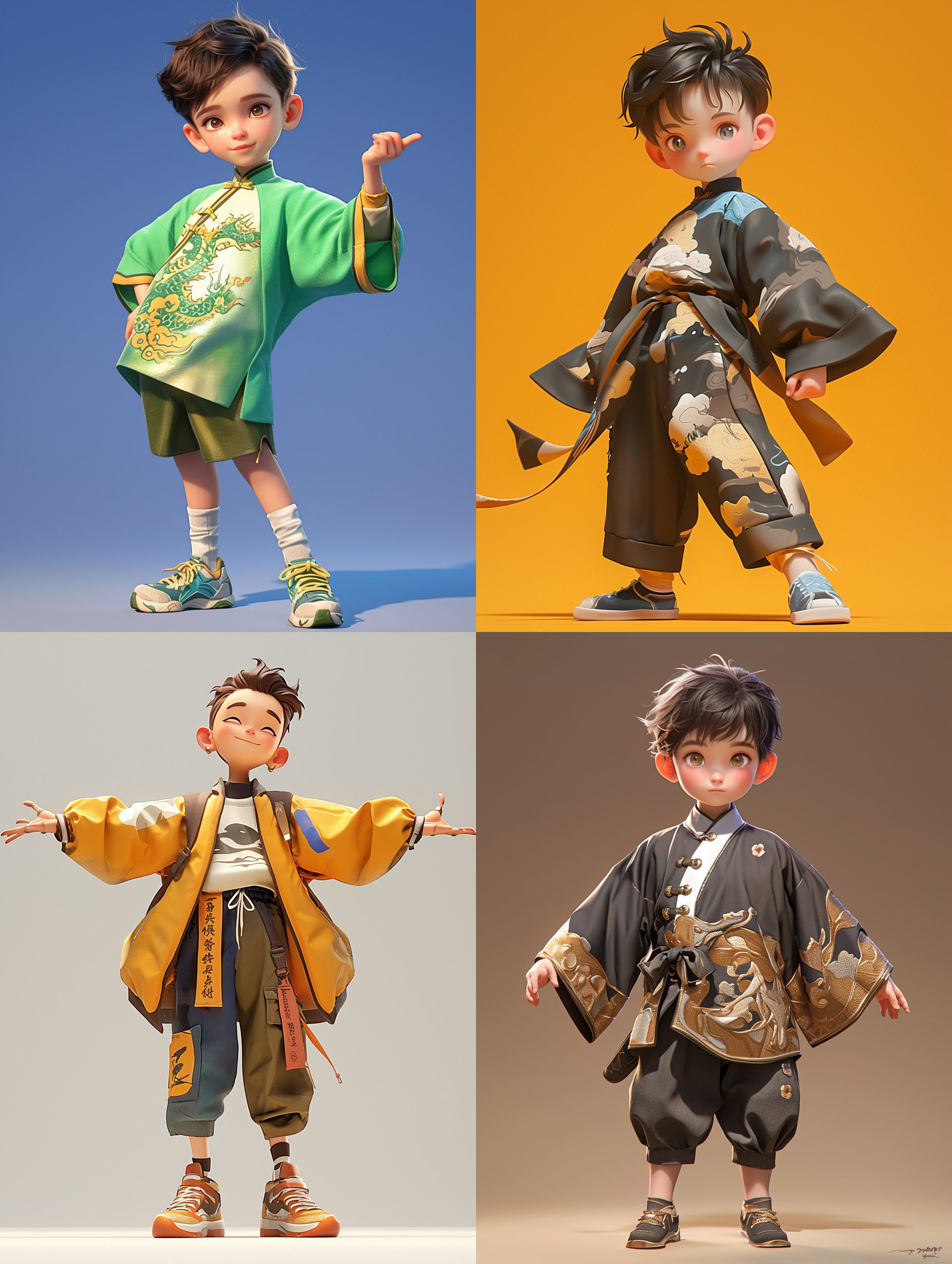 中国小男孩ip，3d卡通风格，全身形象，画廊里，色彩明亮，细节丰富，自然光，广角镜头，动态捕捉，温馨，和谐。