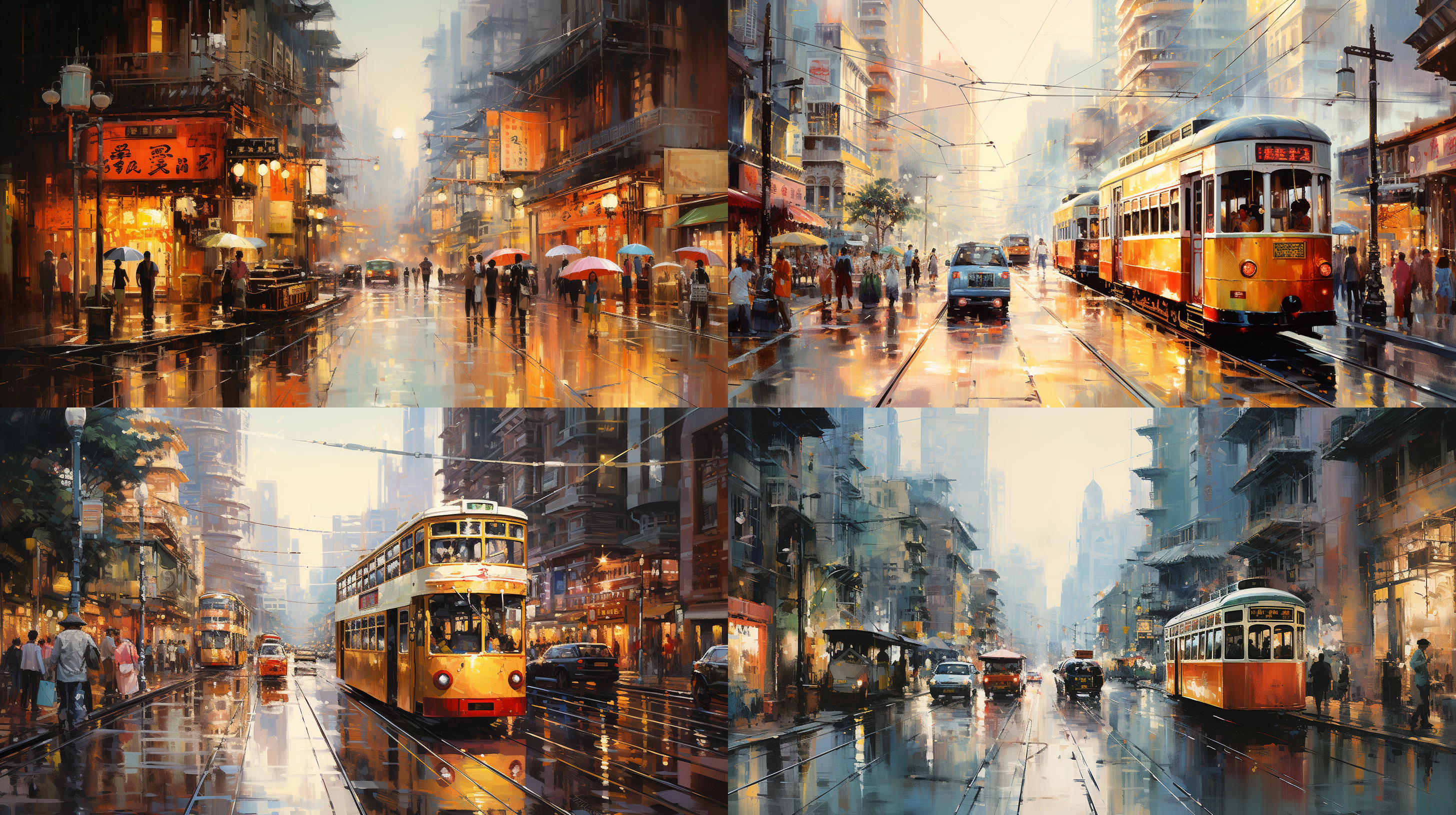 exotic,impressionist paintings,bright light,warm color, warm picturecorner of street scene, in hongkong city in 1990s