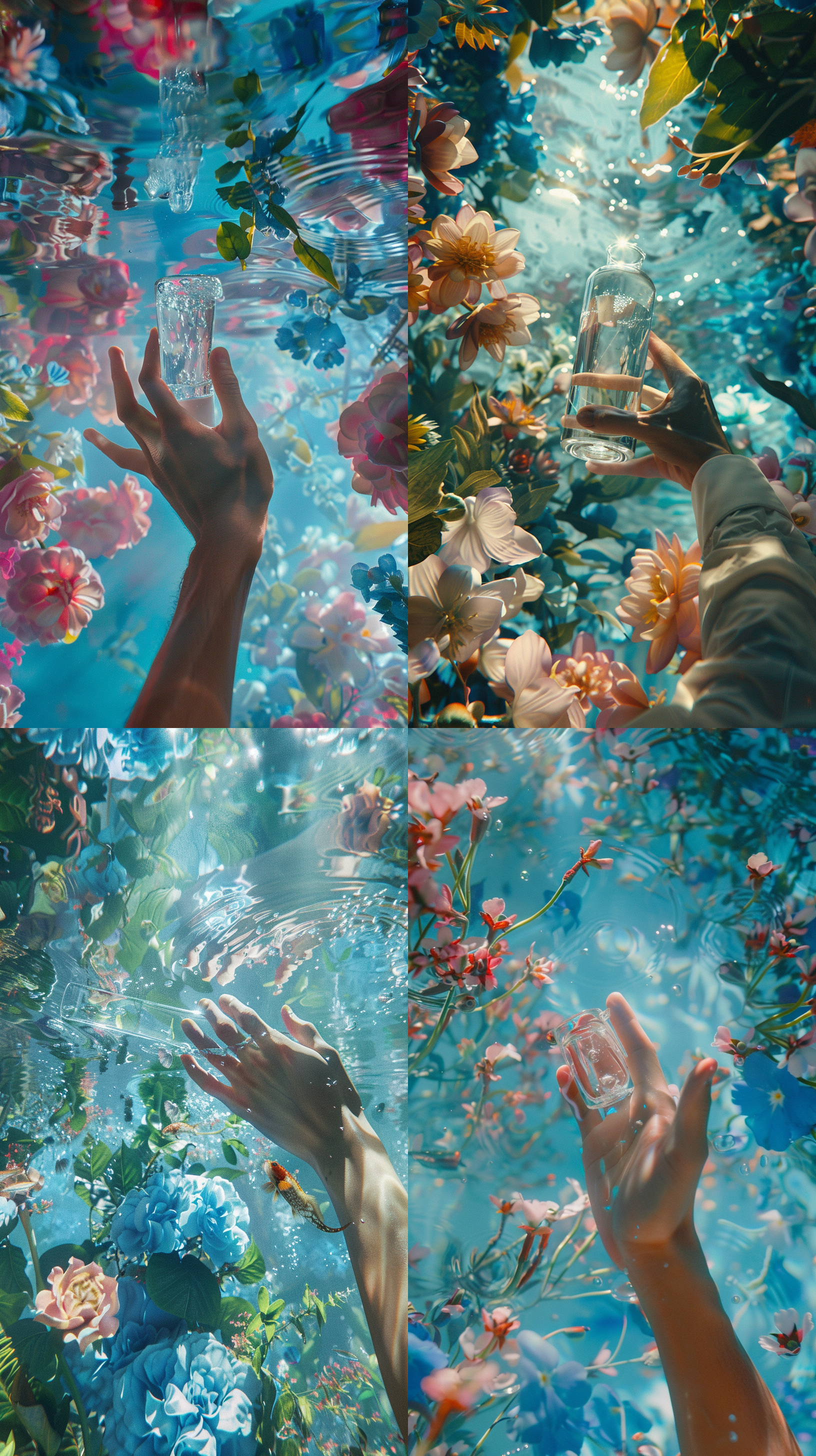 画面整体为仰视视角，透明玻璃上承载着清水中的产品，一个男人伸手拿产品，后面是蓝粉色的花草，日光照射
