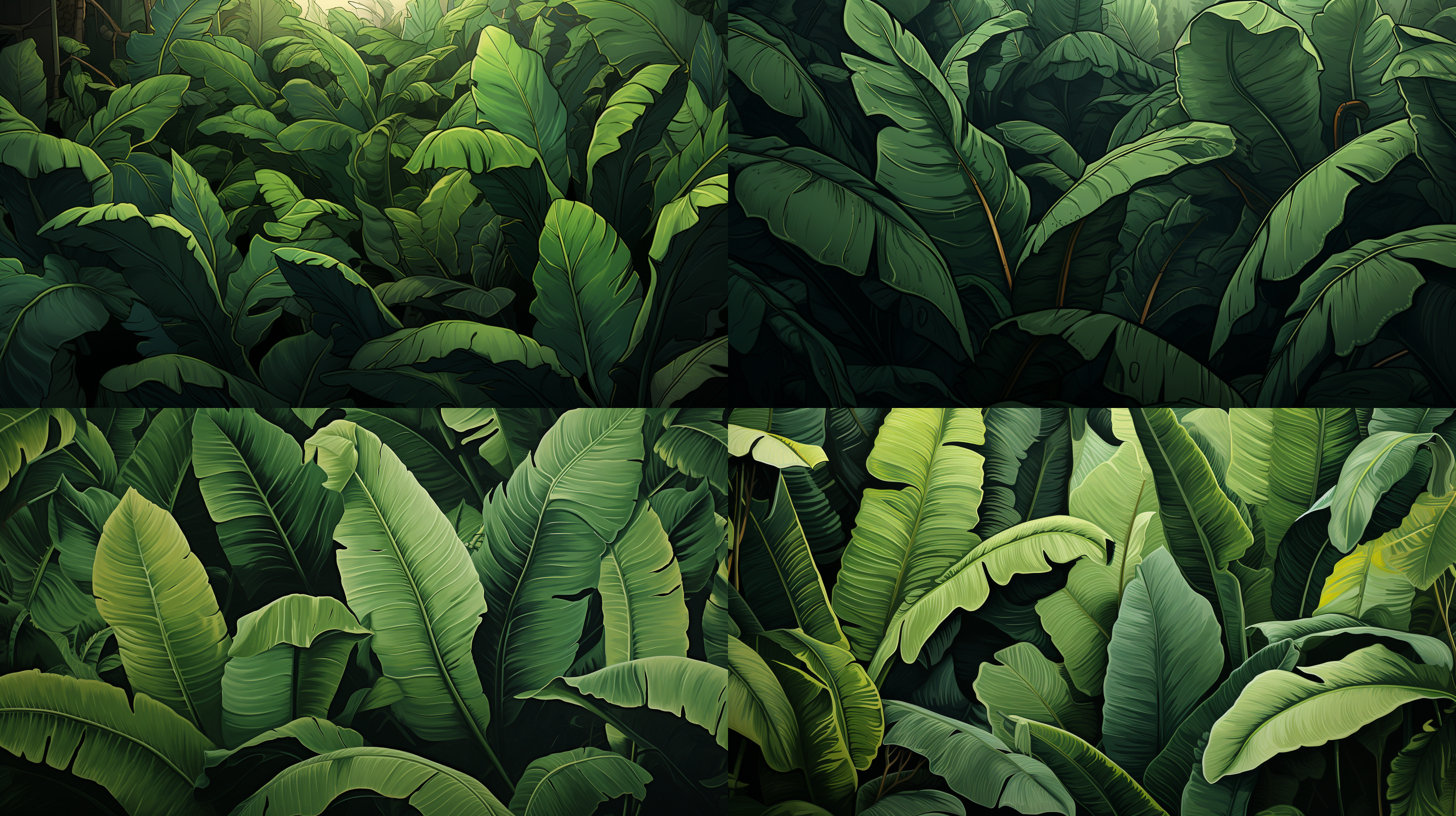 绿色大芭蕉叶，工笔绘描，插画风格，饱和构图，米色背景，柔光，超高清8k，空灵美感，怀旧艺术，细节清晰，绿色调，动态捕捉，静谧氛围，传统元素，细腻笔触，自然光，对称布局，生动表情，文化韵味。